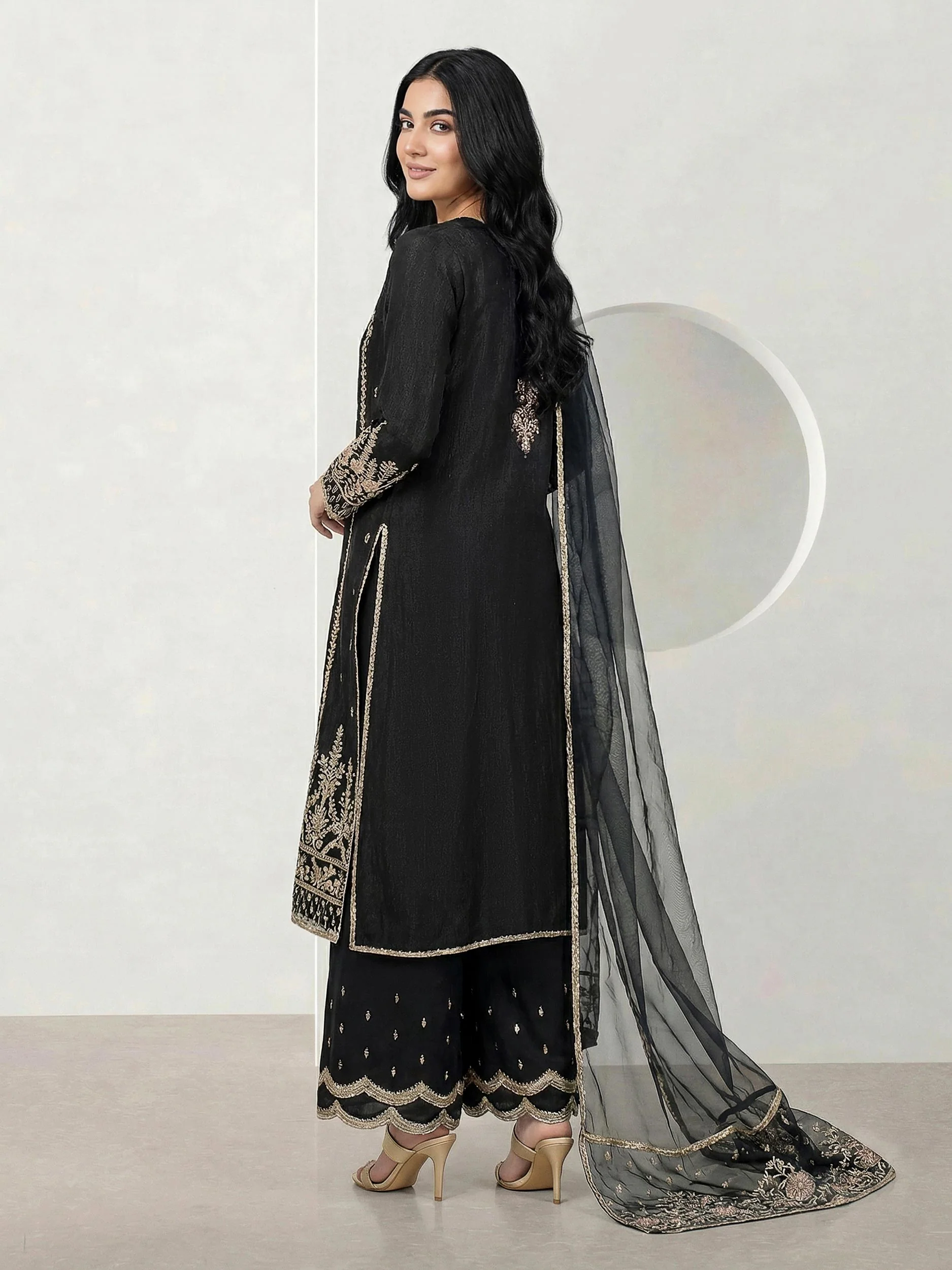 3 Piece Viscose Glitter Suit- Embroidered (Pret) - Image 3