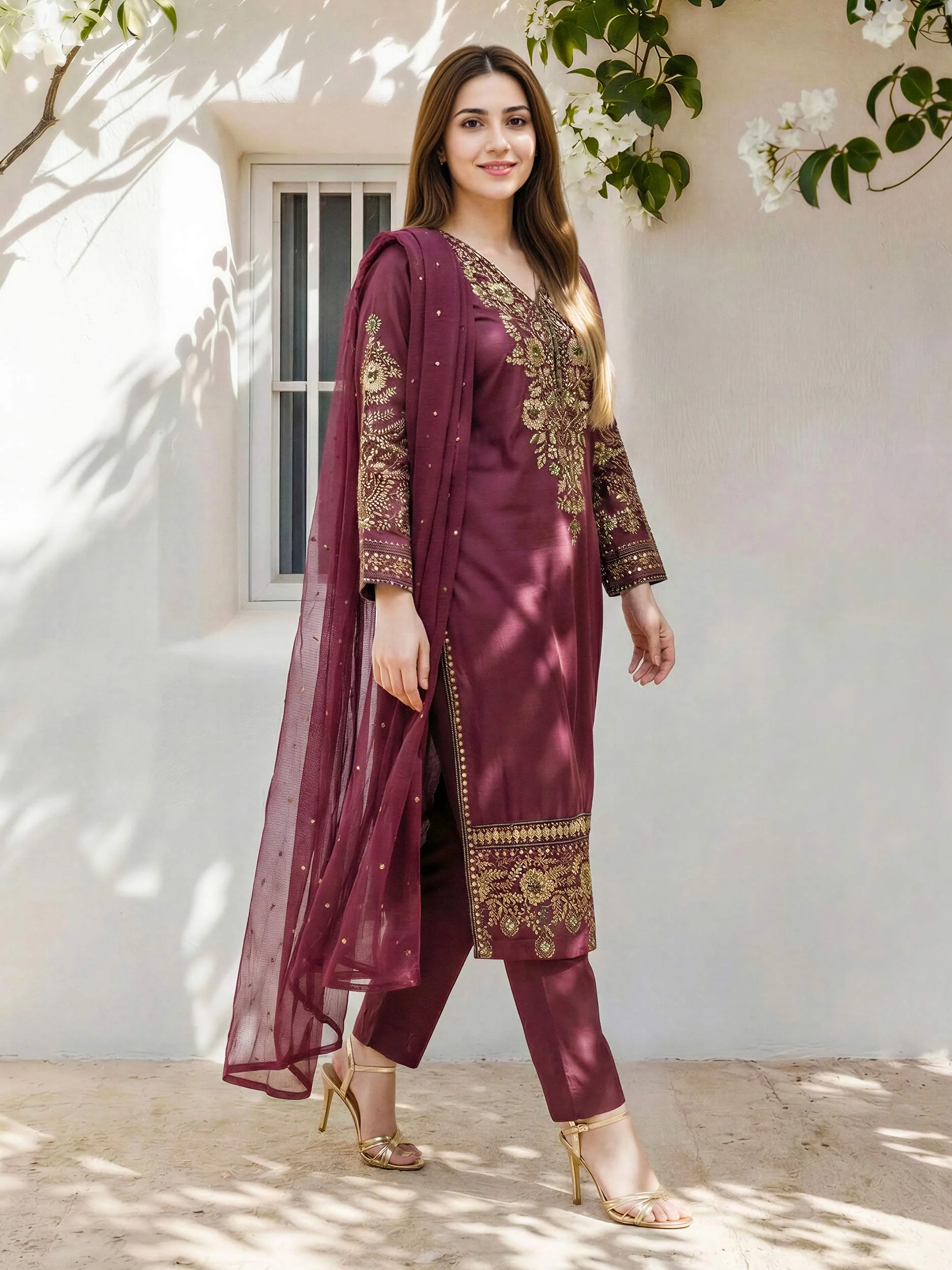 3 Piece Raw Silk Suit- Embroidered (Pret) - Image 2