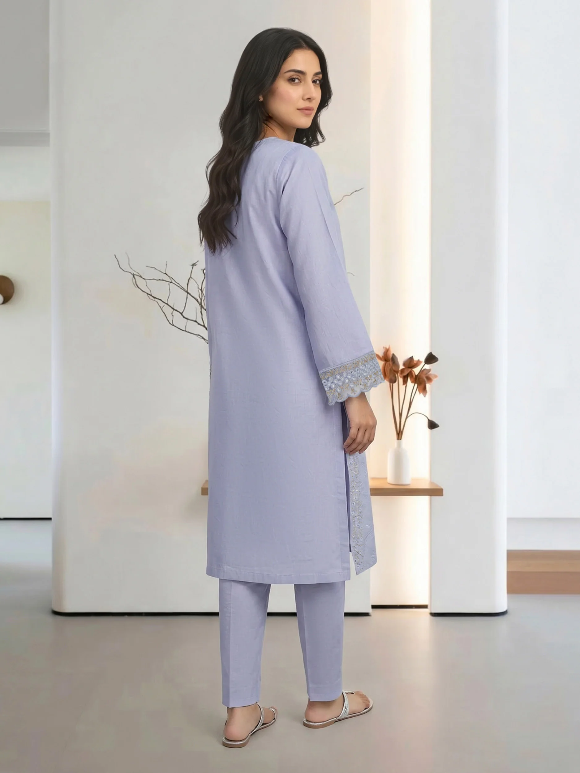 2 Piece Cotton Net Suit- Embroidered (Pret) - Image 3
