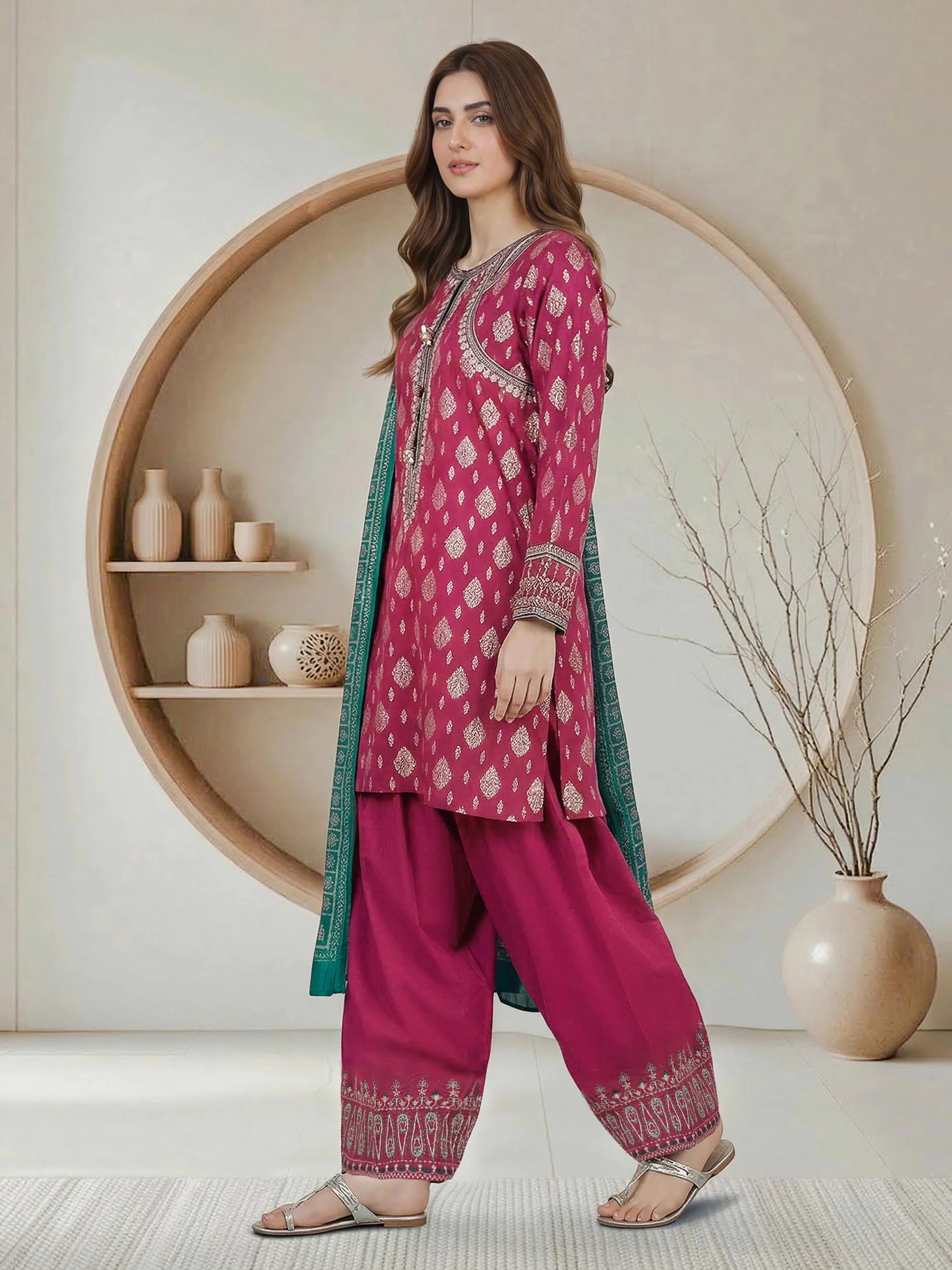 3 Piece Raw Silk Suit- Embroidered (Pret) - Image 2