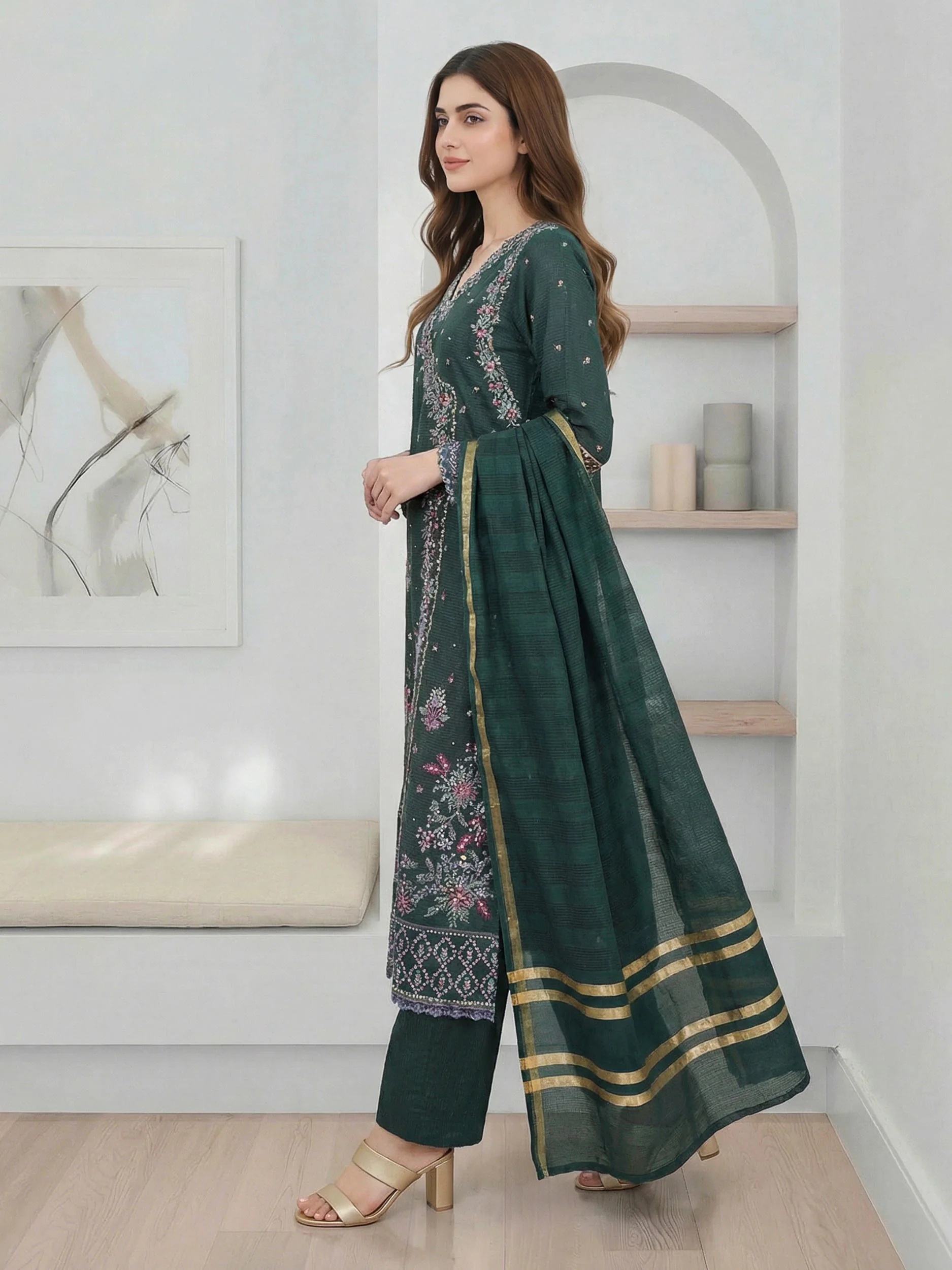 3 Piece Raw Silk Suit- Embroidered (Pret) - Image 2
