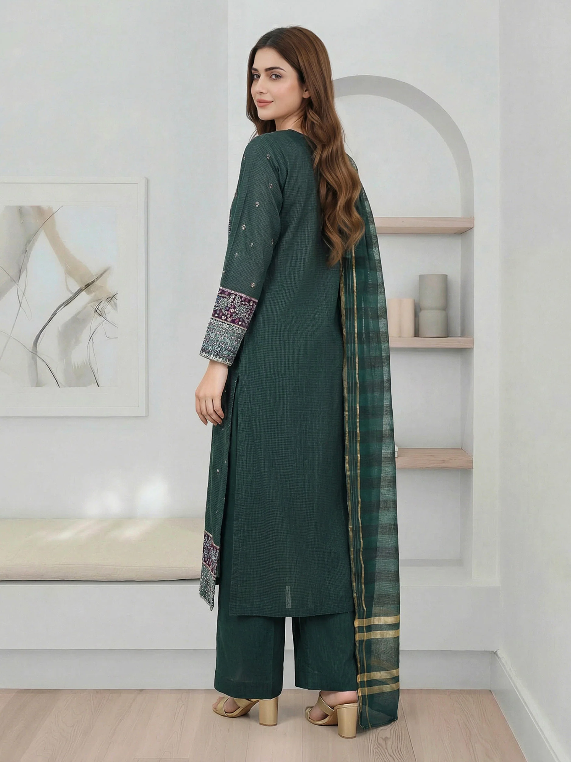3 Piece Raw Silk Suit- Embroidered (Pret) - Image 3