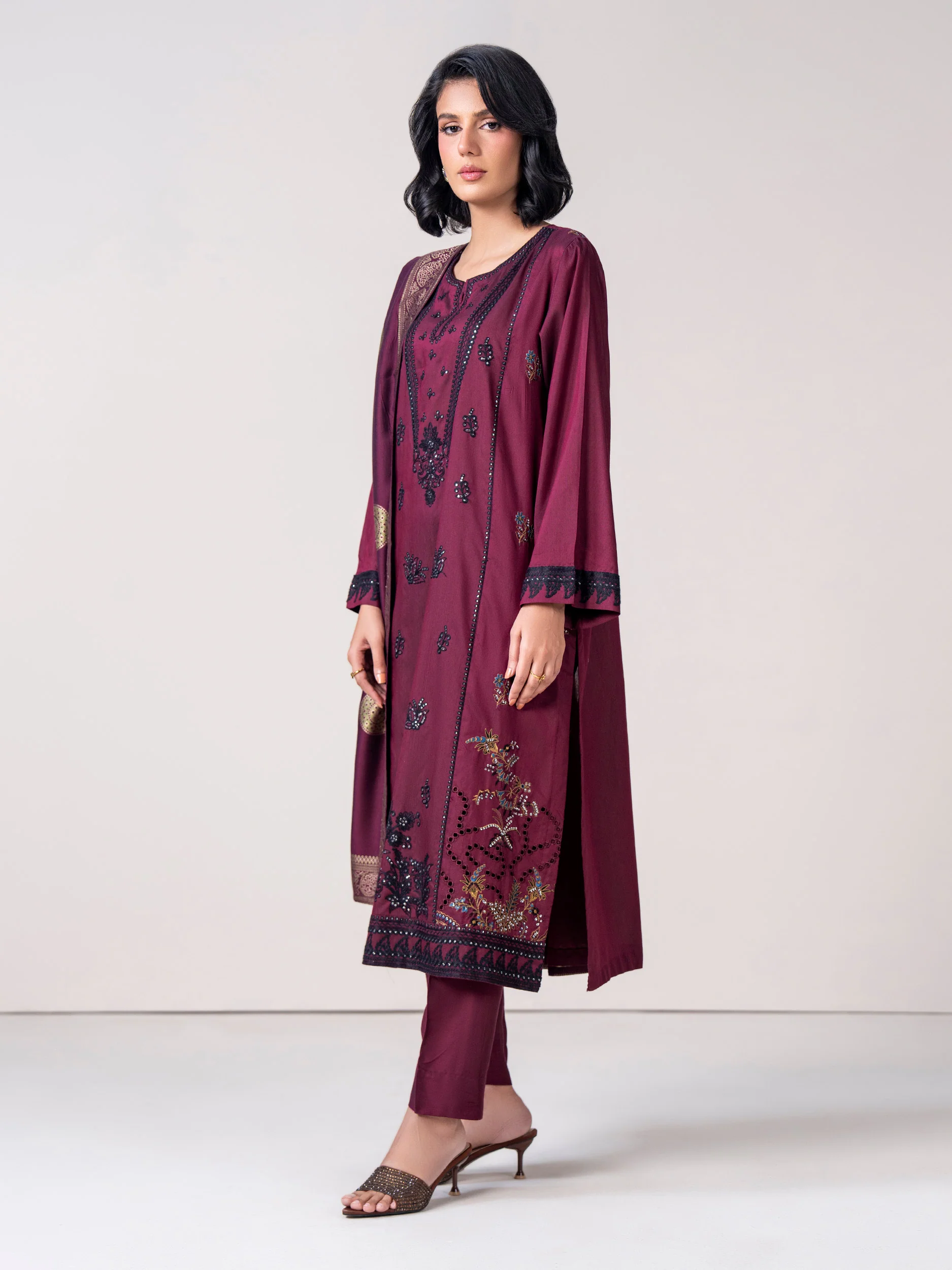 3 Piece Raw Silk Suit- Embroidered (Pret) - Image 2