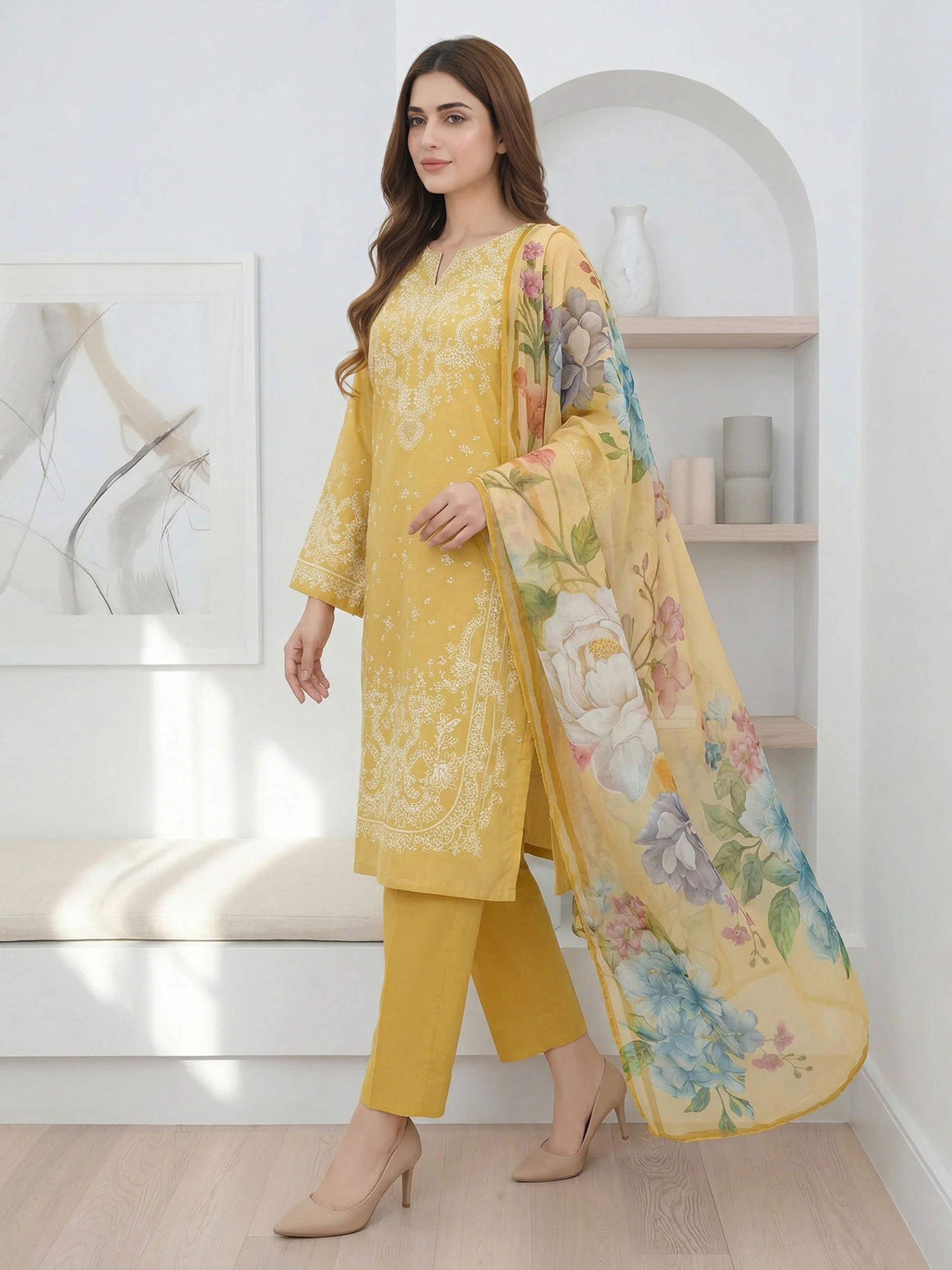 3 Piece Lawn Slub Suit- (Pret) - Image 2