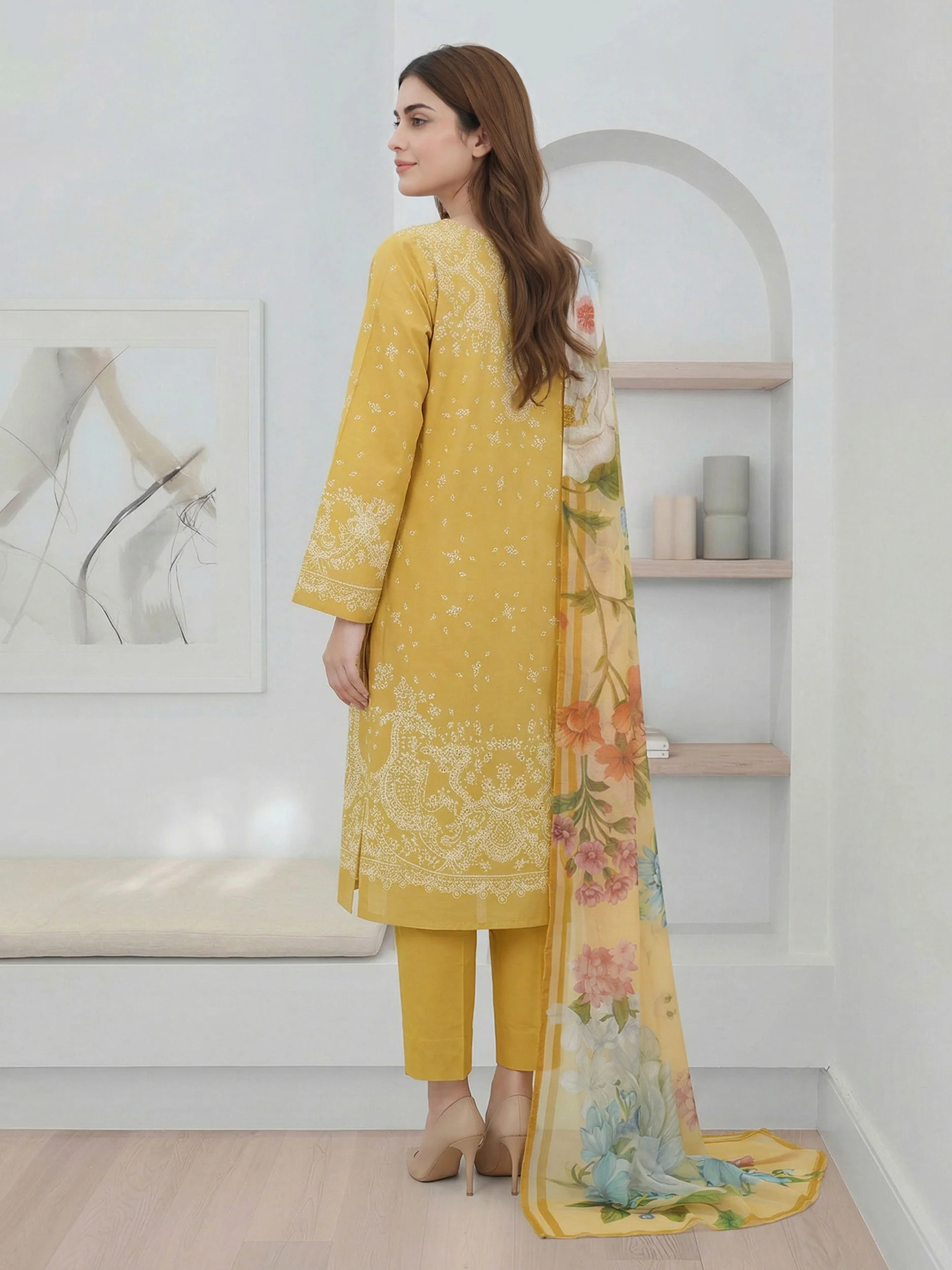 3 Piece Lawn Slub Suit- (Pret) - Image 3