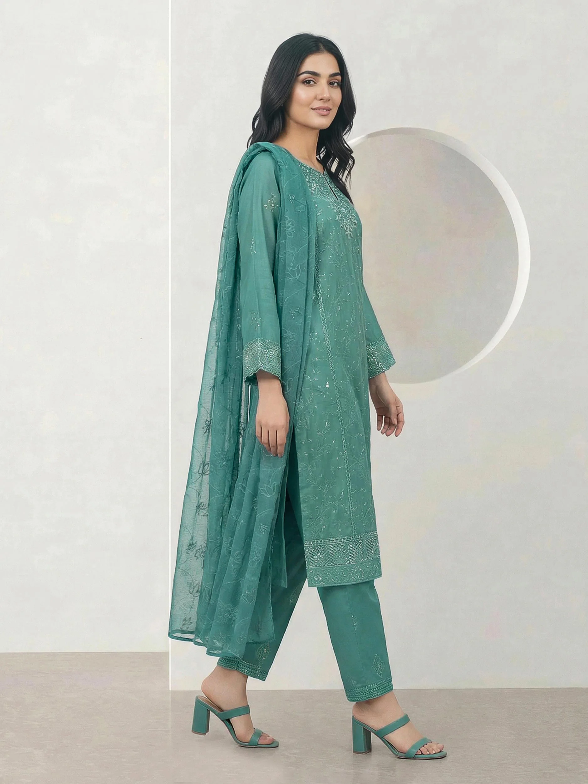 3 Piece Dobby Suit- Embroidered (Pret) - Image 2