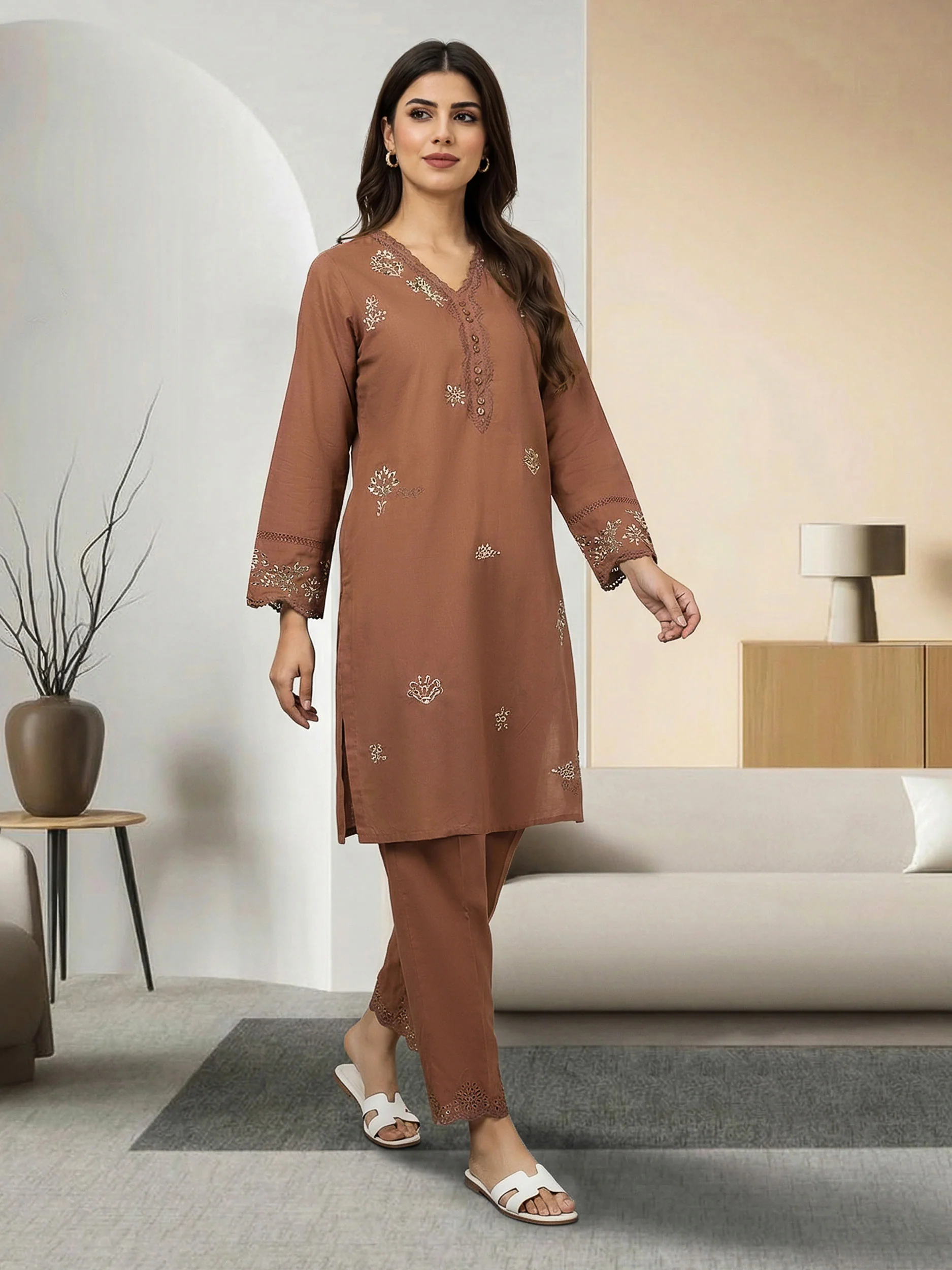 2 Piece Cambric Suit- Embroidered (Pret) - Image 2