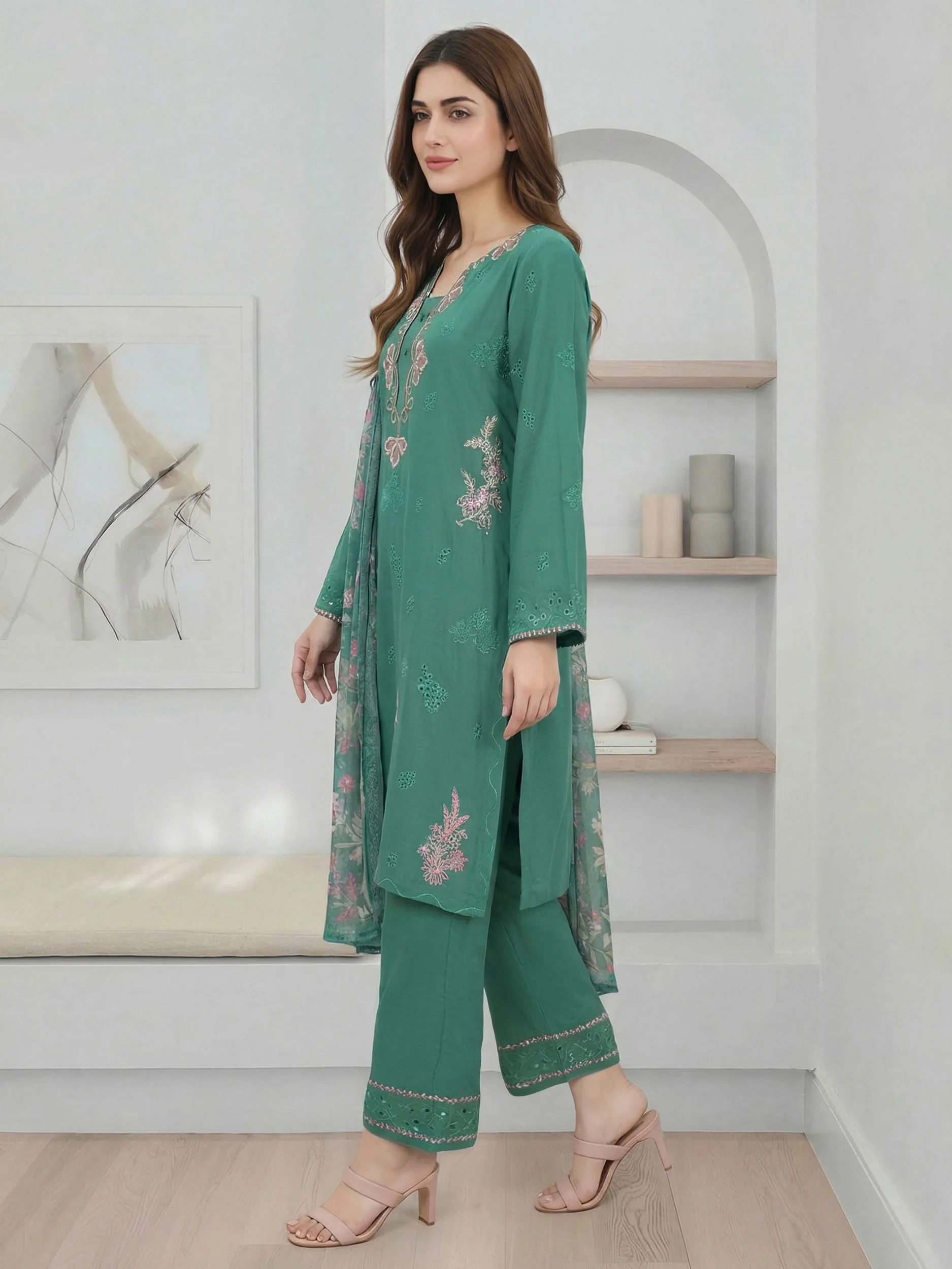 3 Piece Viscose Slub Suit- Embroidered (Pret) - Image 2