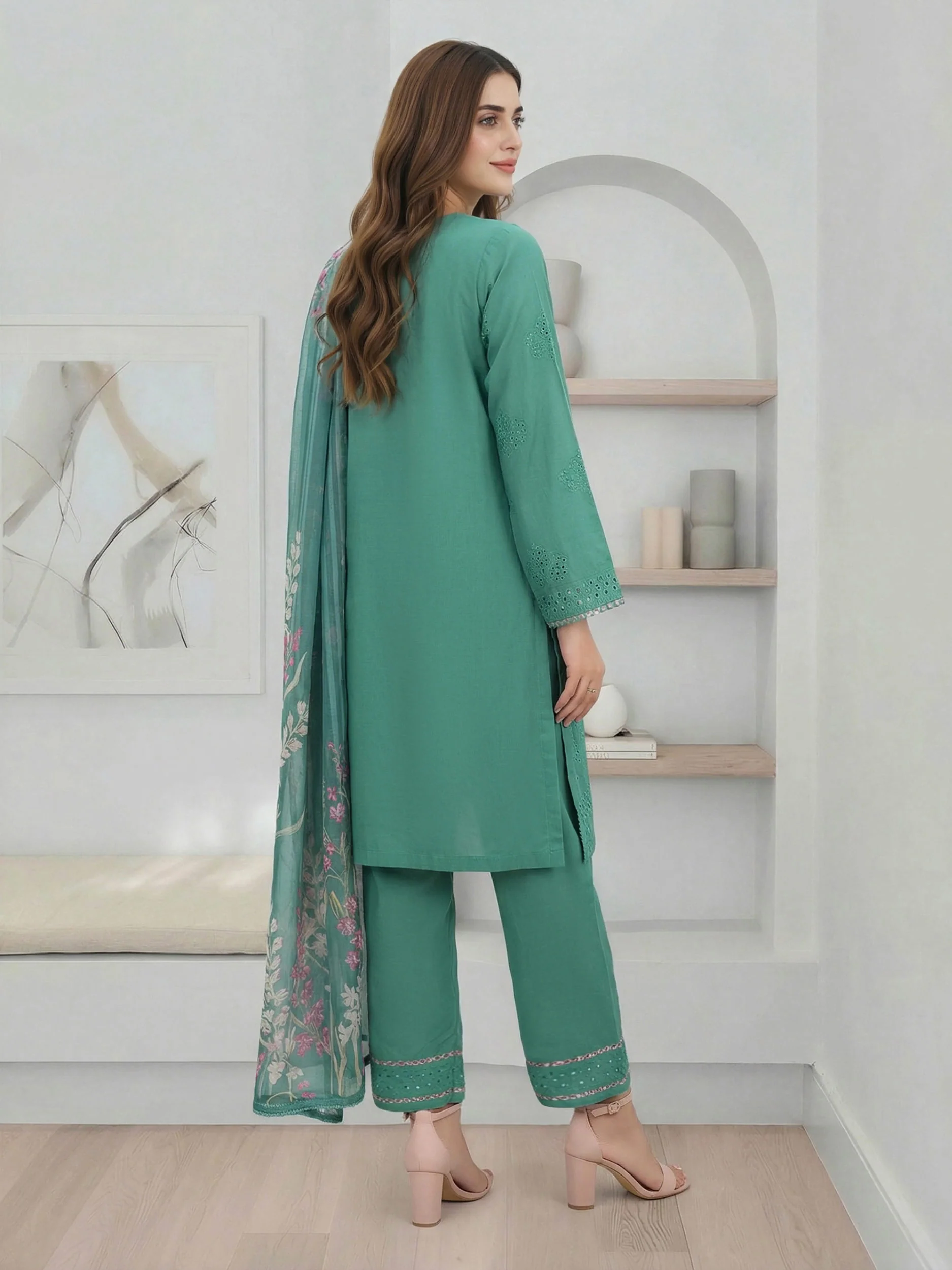 3 Piece Viscose Slub Suit- Embroidered (Pret) - Image 3