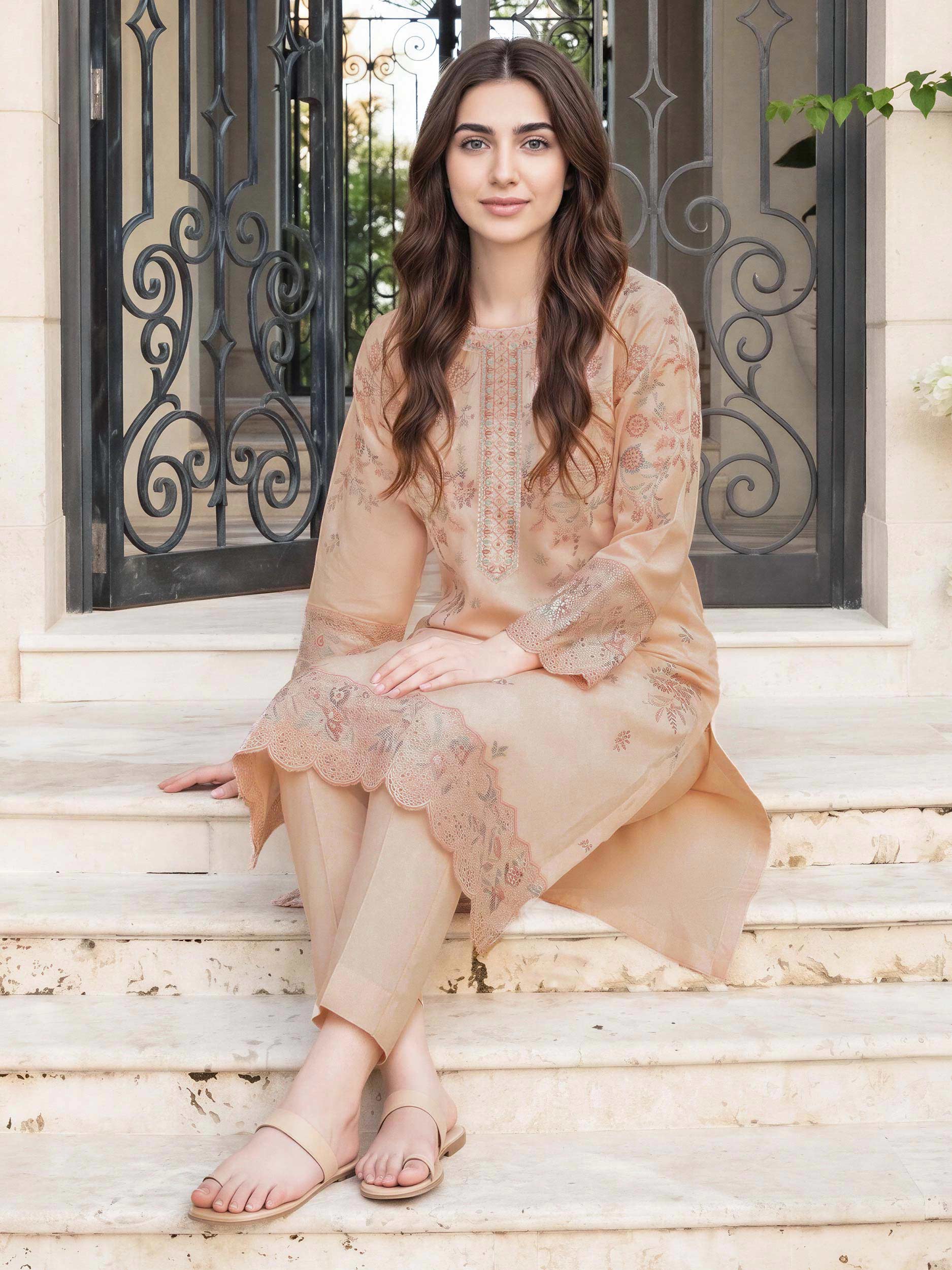 2 Piece Cotton Net Suit- Embroidered (Pret) - Image 4