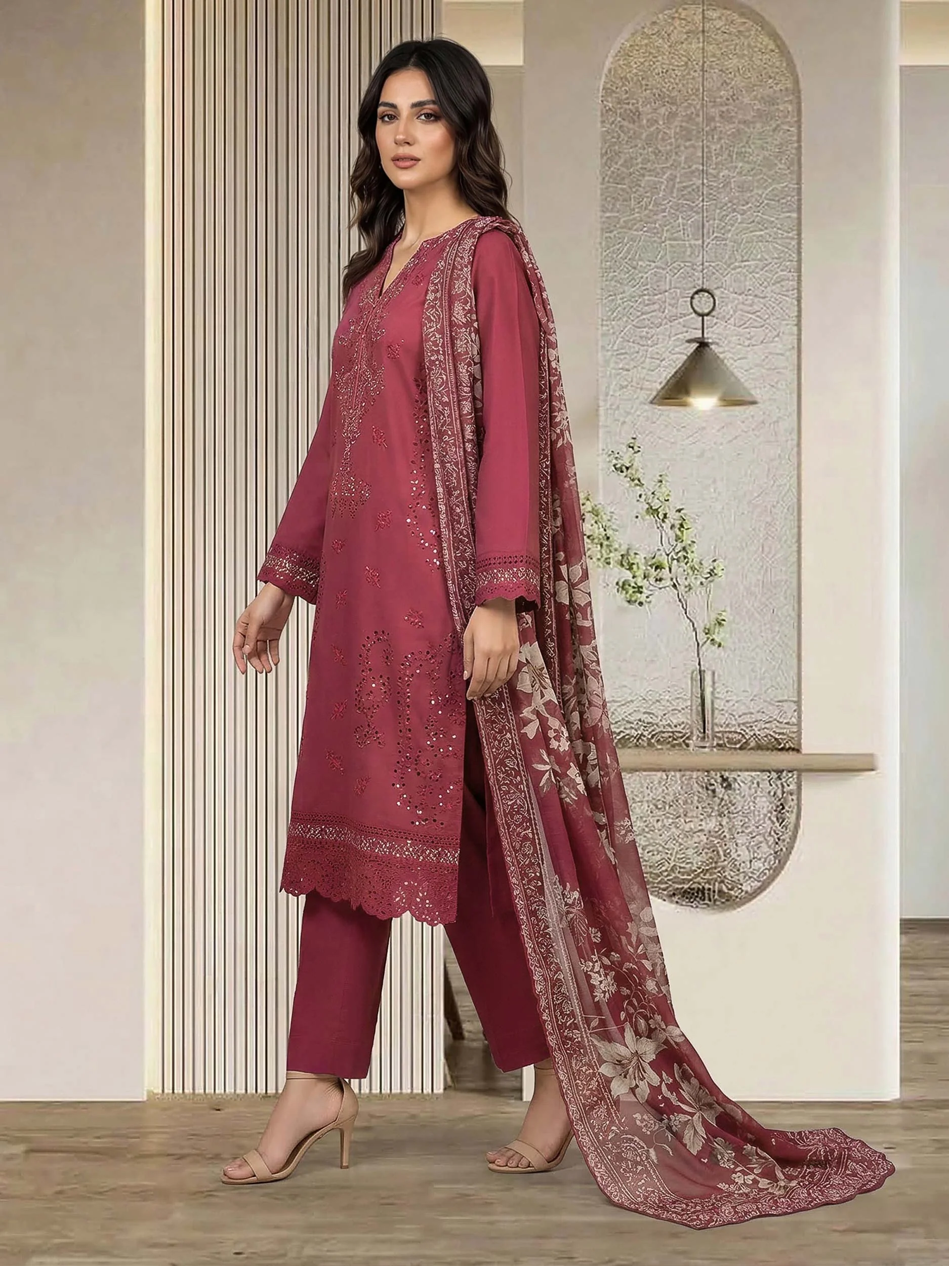 3 Piece Cambric Slub Suit- Embroidered (Pret) - Image 2