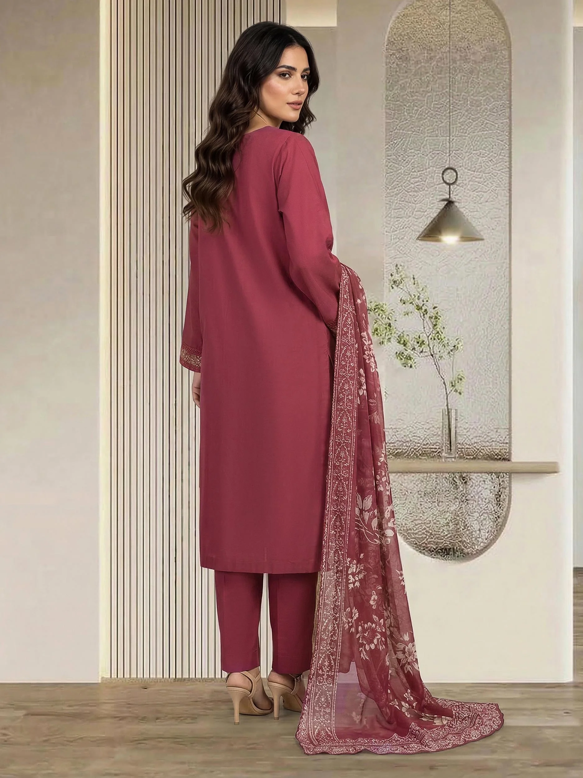 3 Piece Cambric Slub Suit- Embroidered (Pret) - Image 3