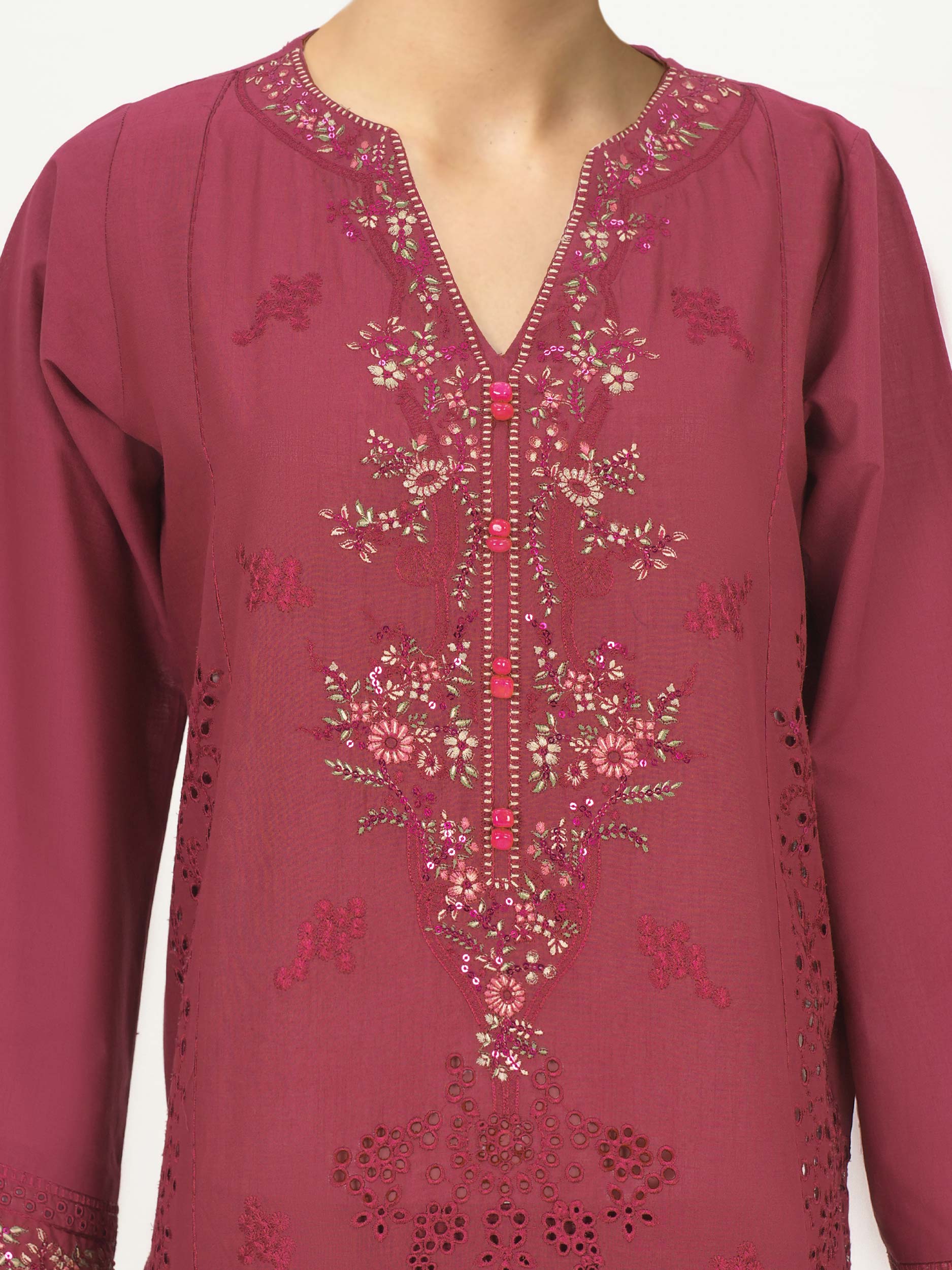 3 Piece Cambric Slub Suit- Embroidered (Pret) - Image 4