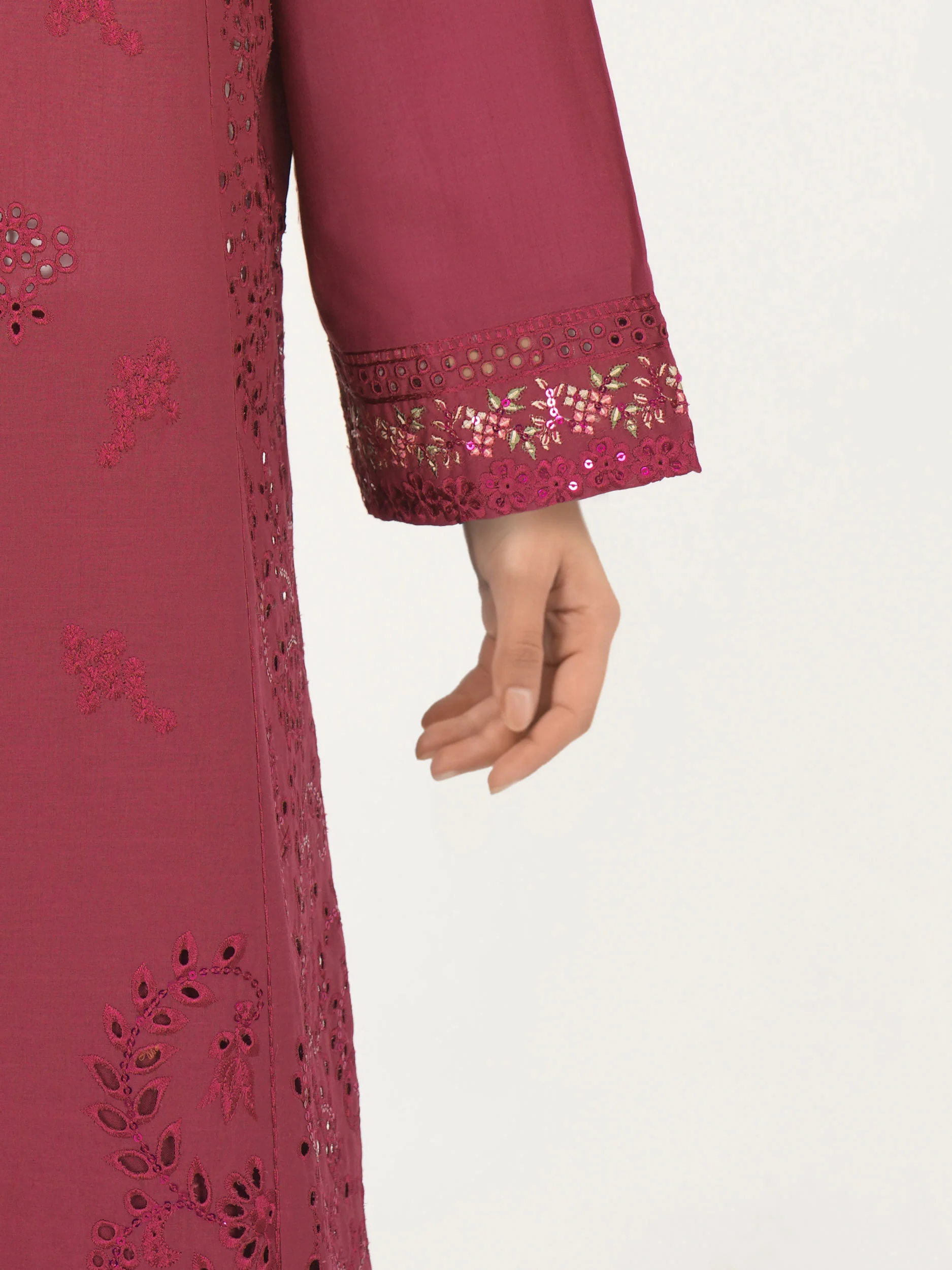 3 Piece Cambric Slub Suit- Embroidered (Pret) - Image 5