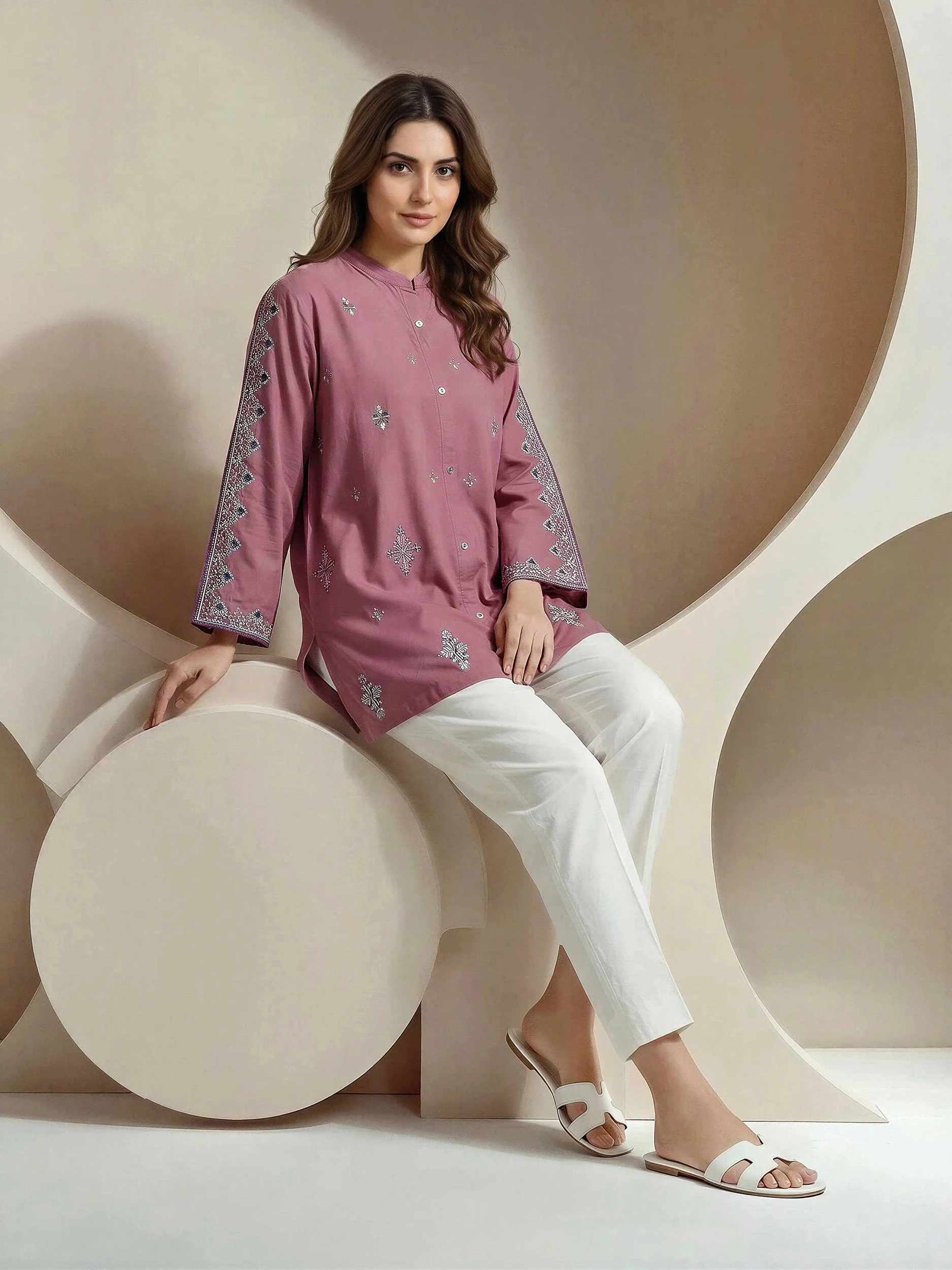 Cambric Slub Kurti- Embroidered (Pret) - Image 2
