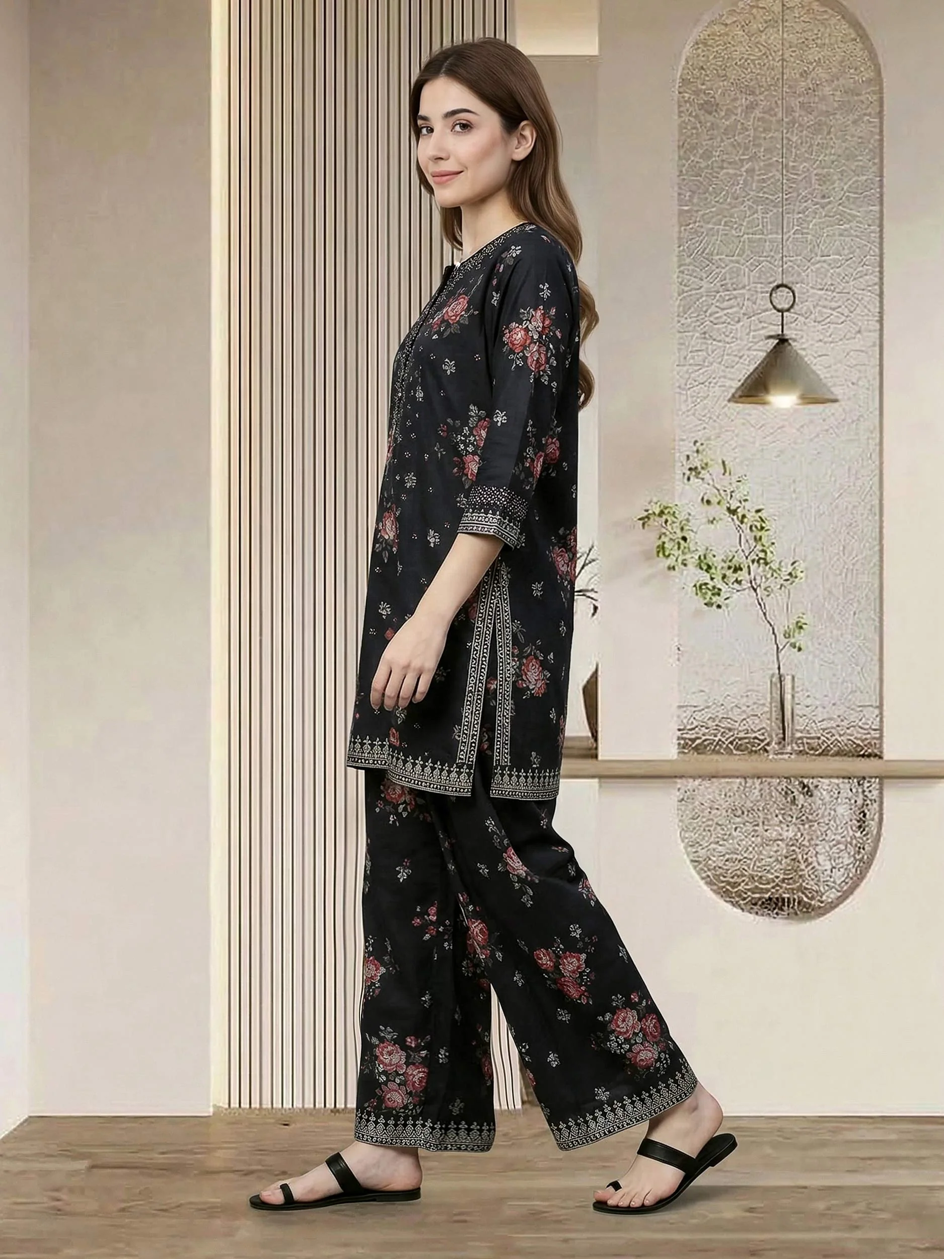 2 Piece Satin Suit- Embroidered (Pret) - Image 2