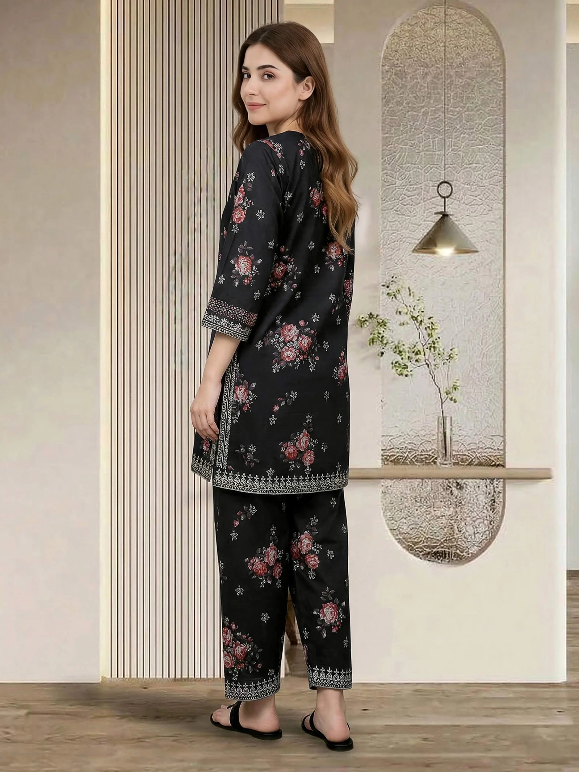 2 Piece Satin Suit- Embroidered (Pret) - Image 3