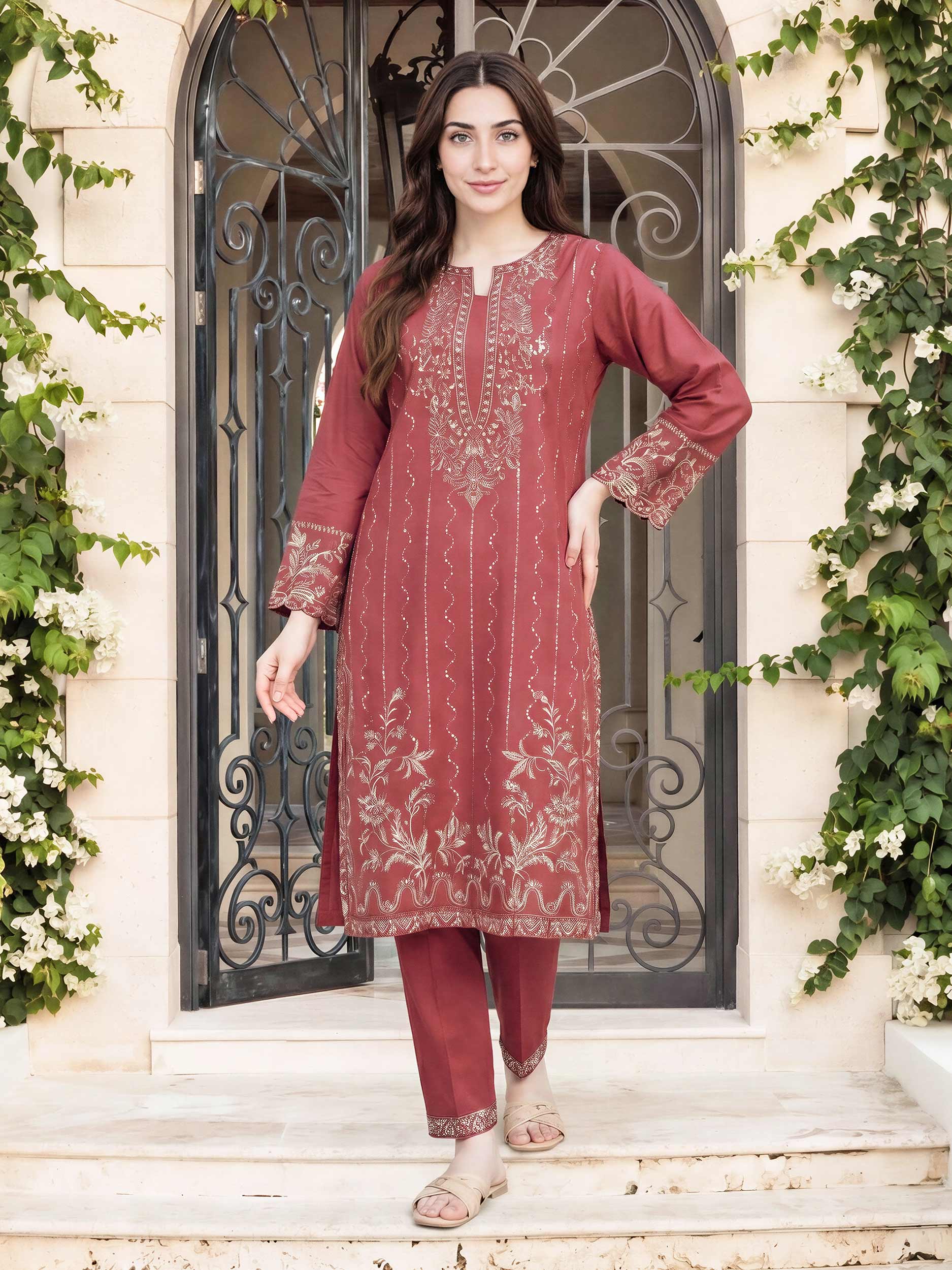 2 Piece Self Jacquard Suit- Embroidered (Pret) - Image 2