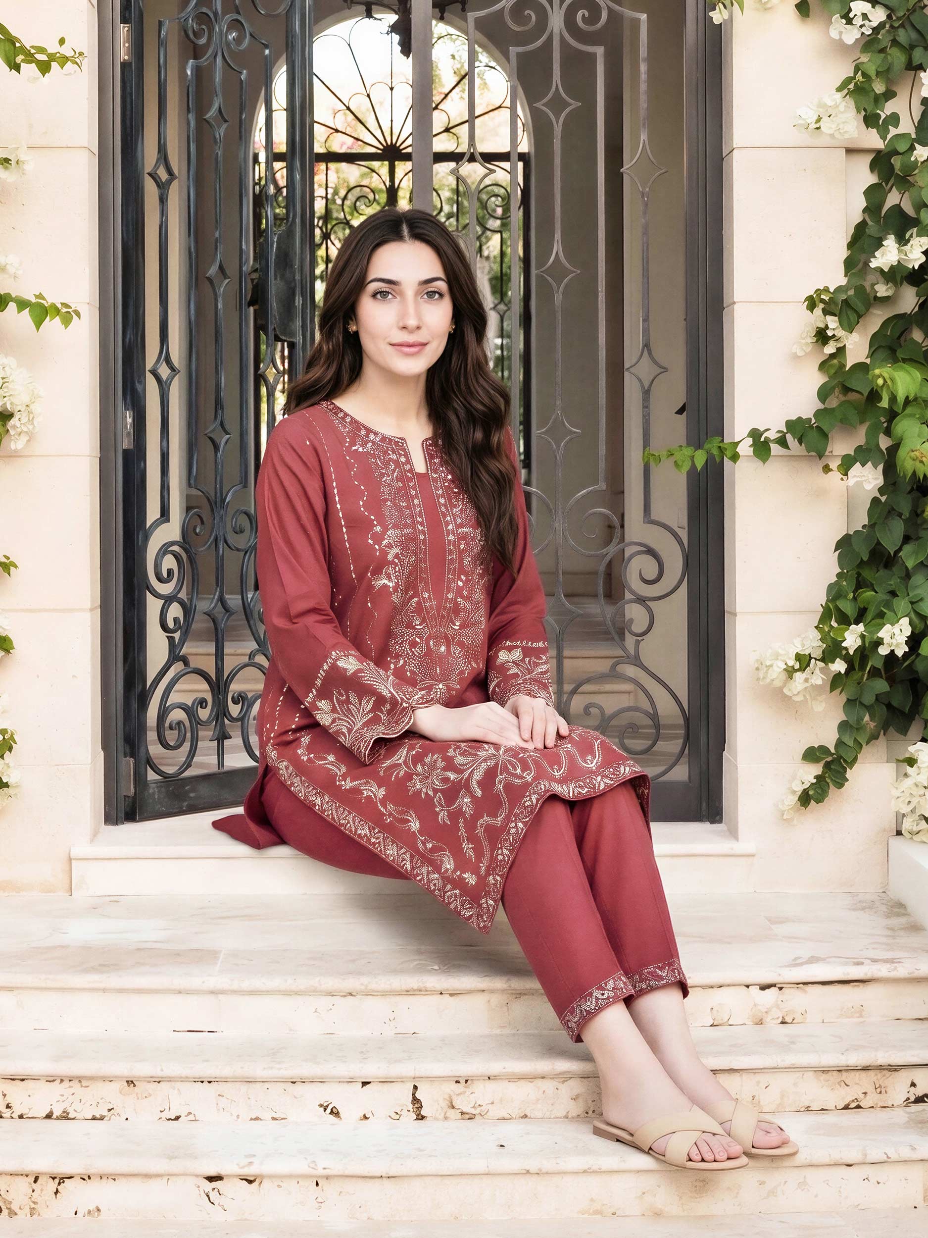2 Piece Self Jacquard Suit- Embroidered (Pret) - Image 4