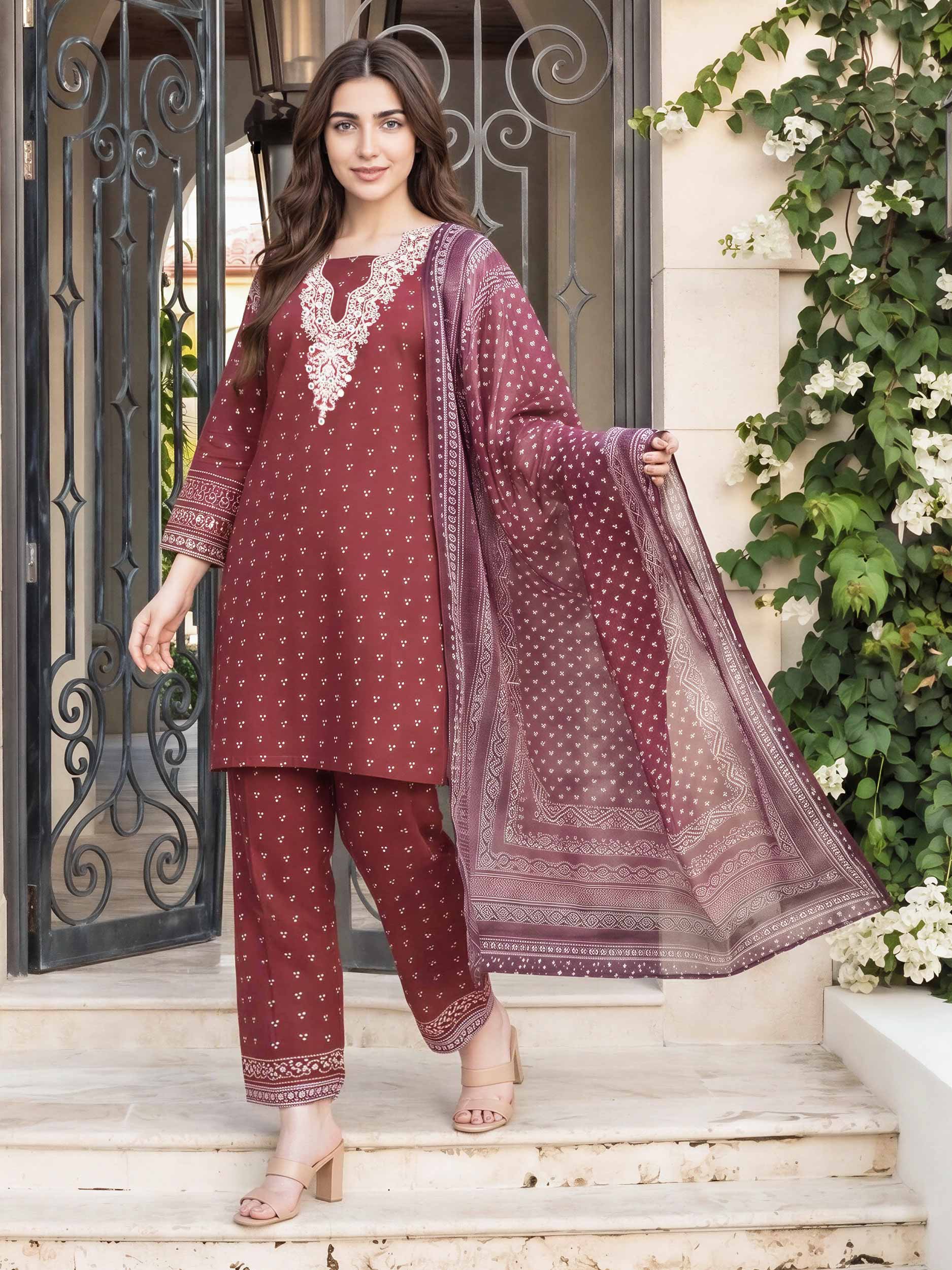 3 Piece Cambric Suit- Embroidered (Pret) - Image 2