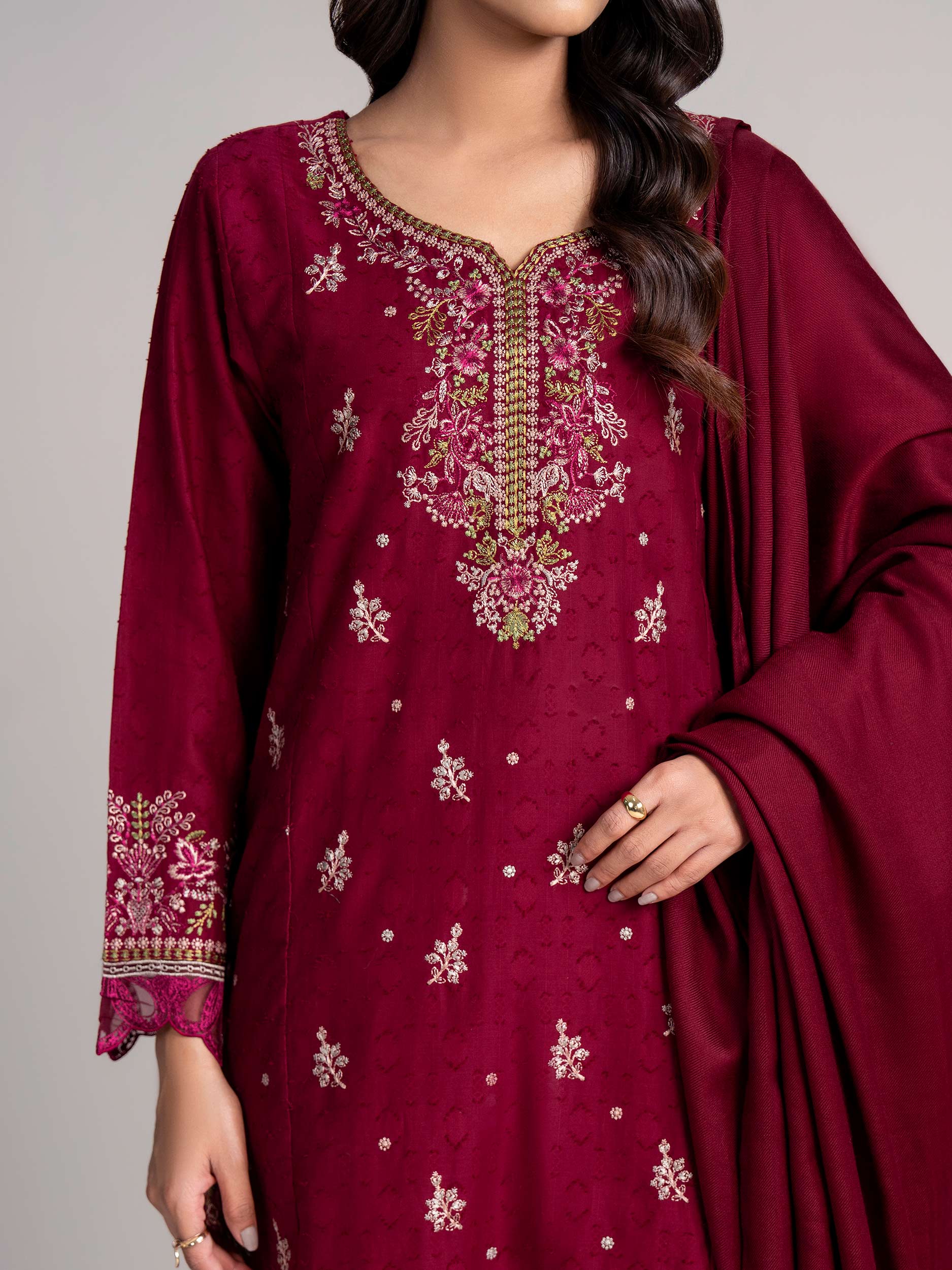 3 Piece Self Jacquard Suit- Embroidered (Pret) - Image 7