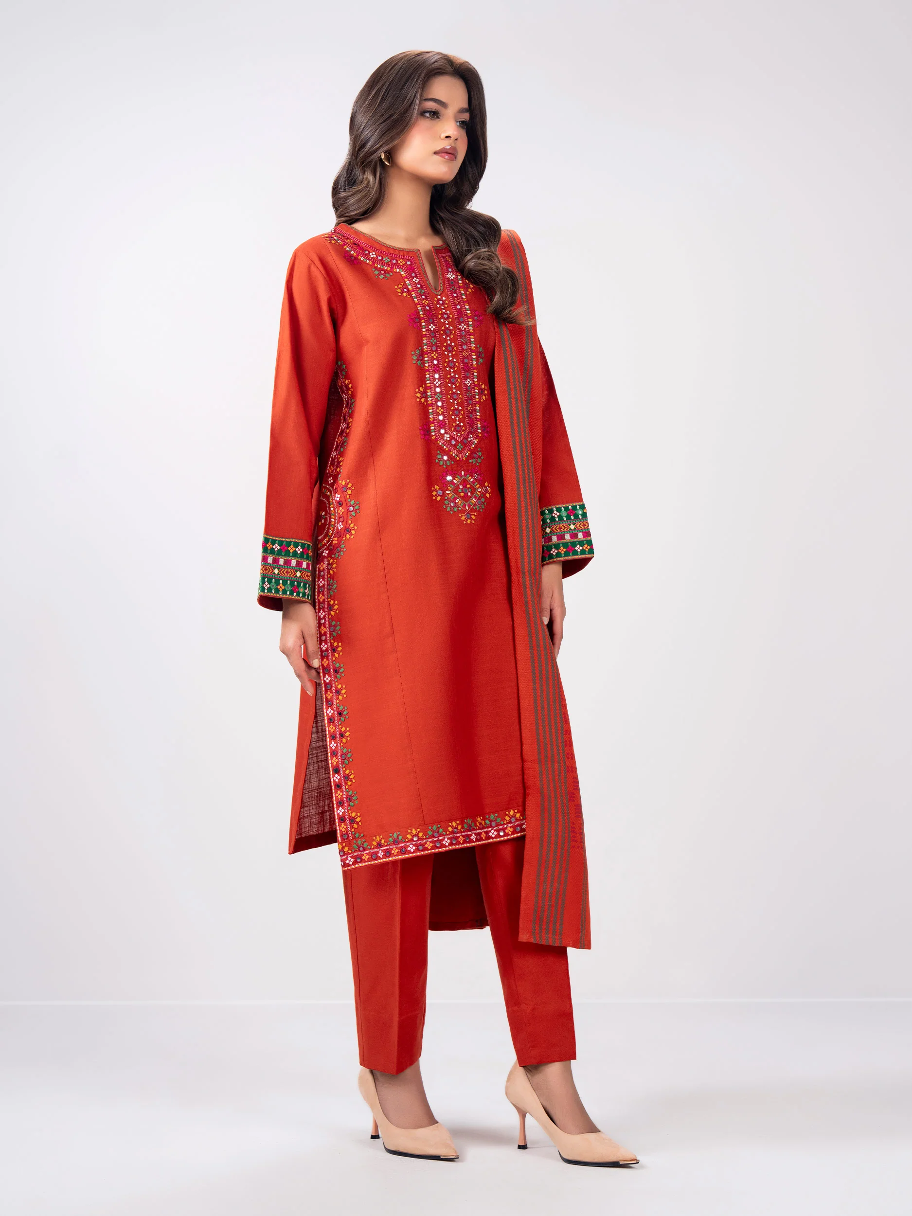 3 Piece Slub Khaddar Suit- Embroidered (Pret) - Image 2