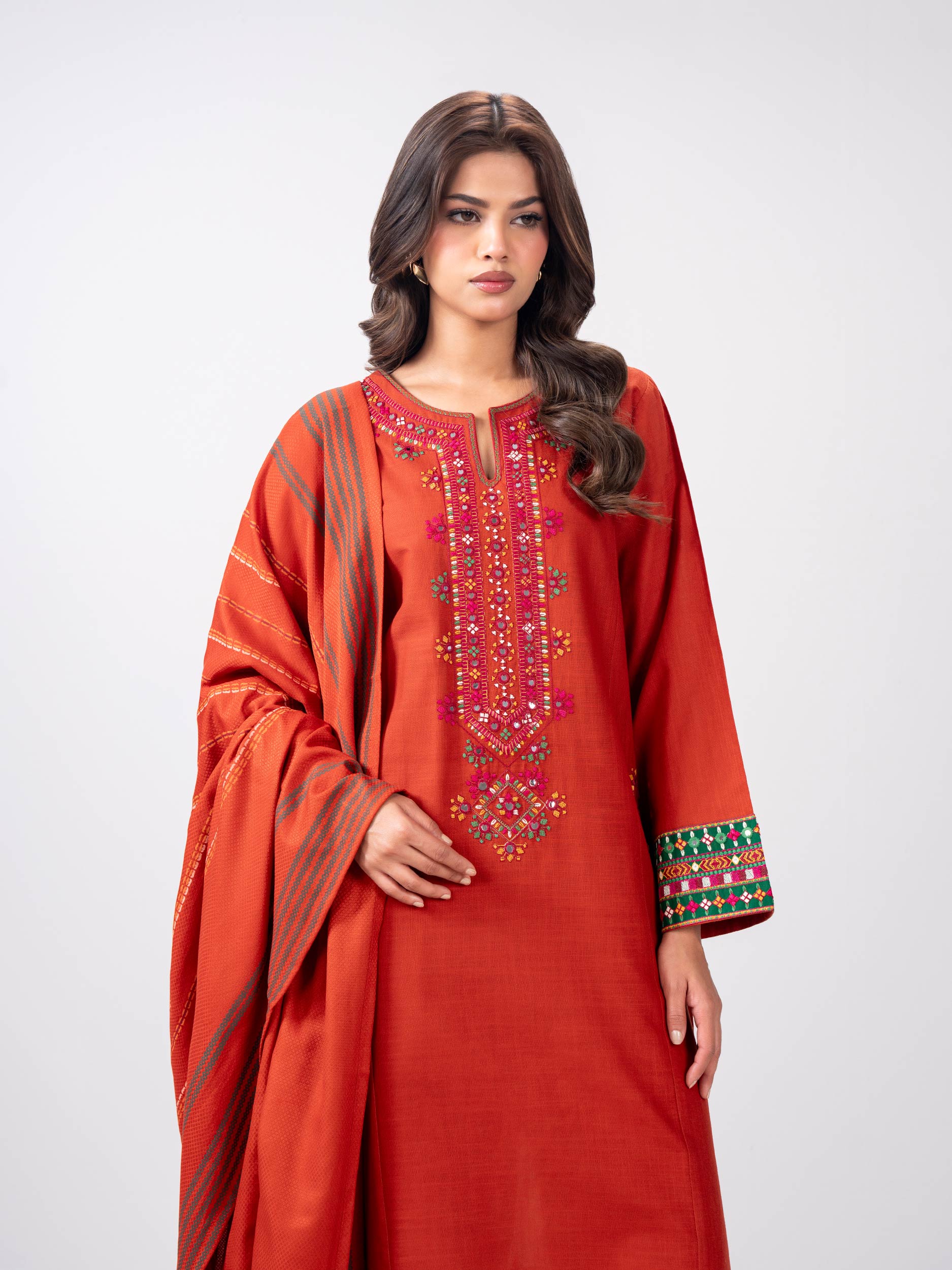 3 Piece Slub Khaddar Suit- Embroidered (Pret) - Image 6