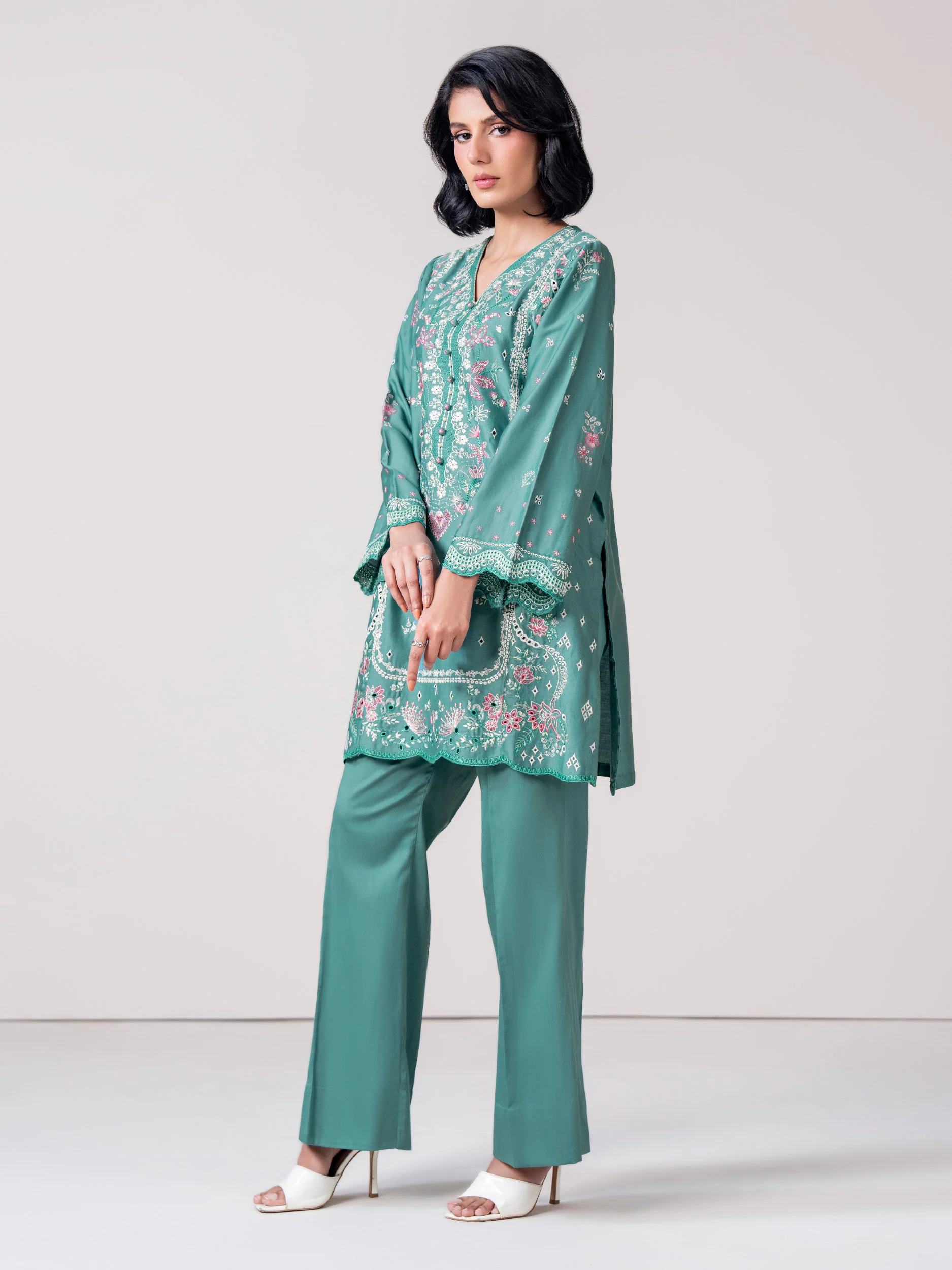 2 Piece Satin Suit- Embroidered (Pret) - Image 3