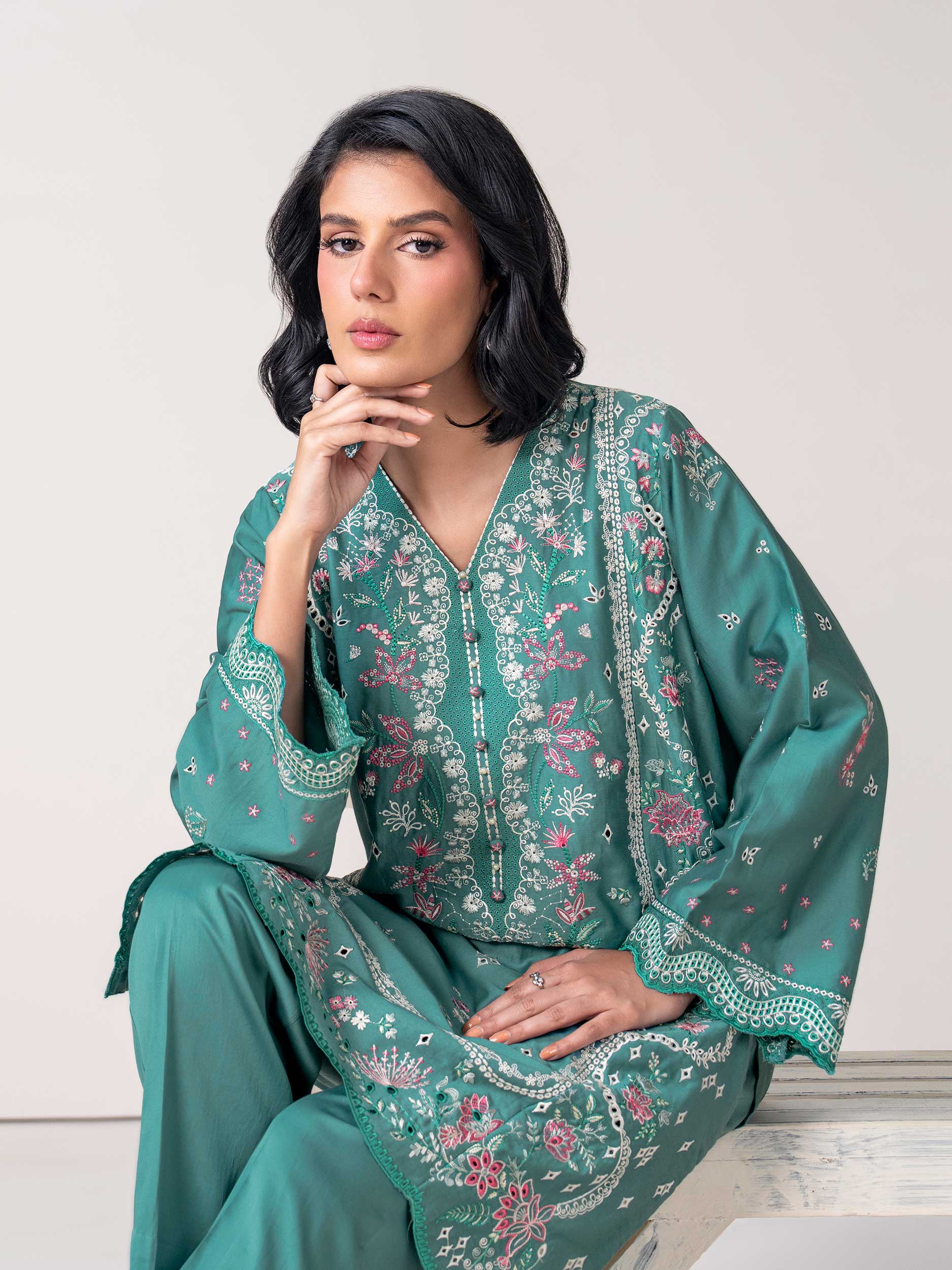 2 Piece Satin Suit- Embroidered (Pret) - Image 5