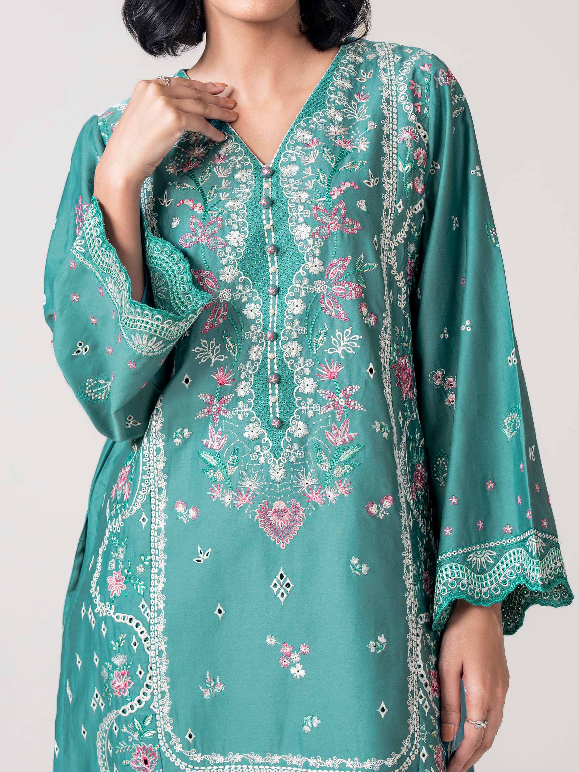 2 Piece Satin Suit- Embroidered (Pret) - Image 6