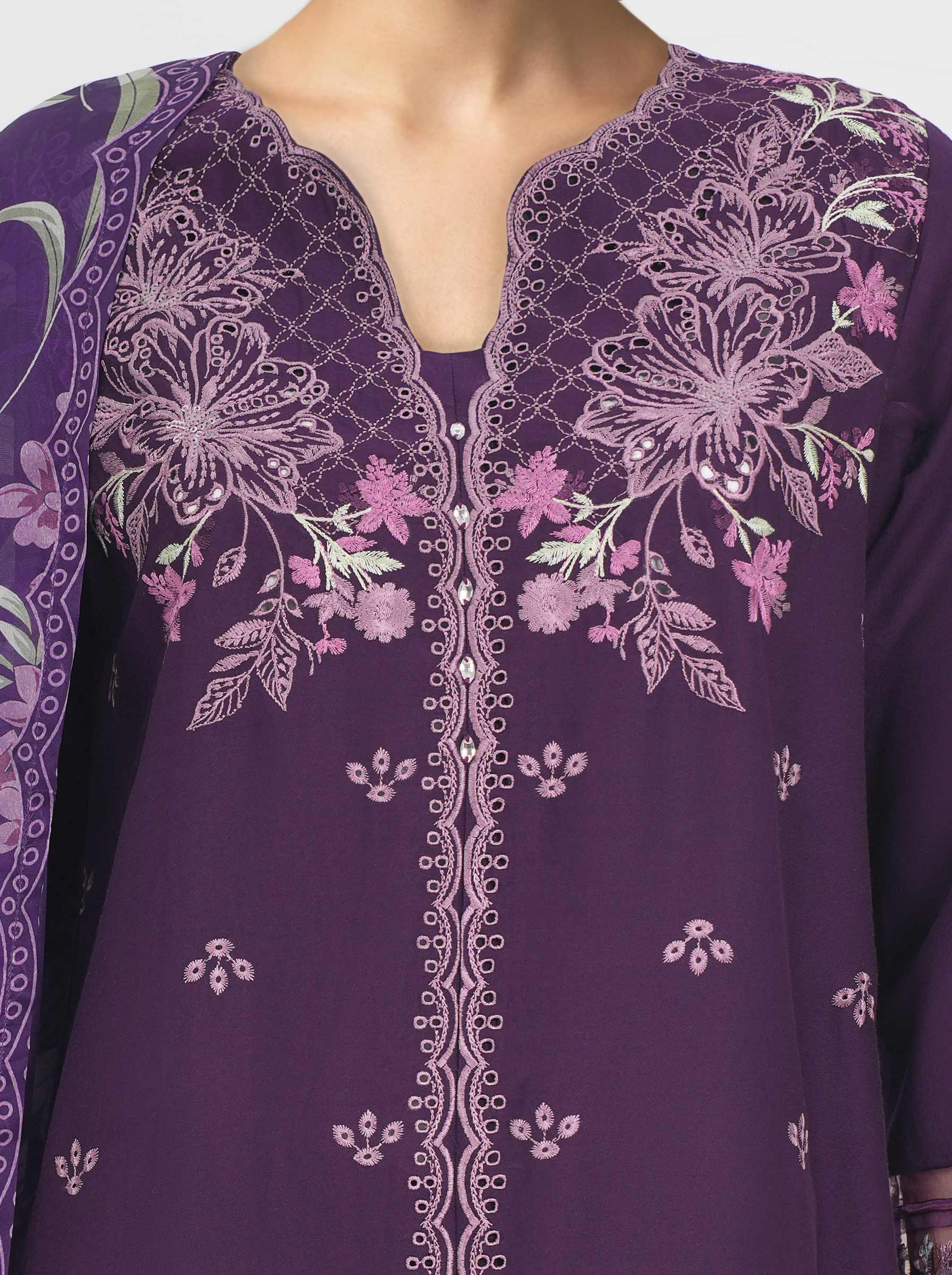 3 Piece Satin Suit- Embroidered (Pret) - Image 3