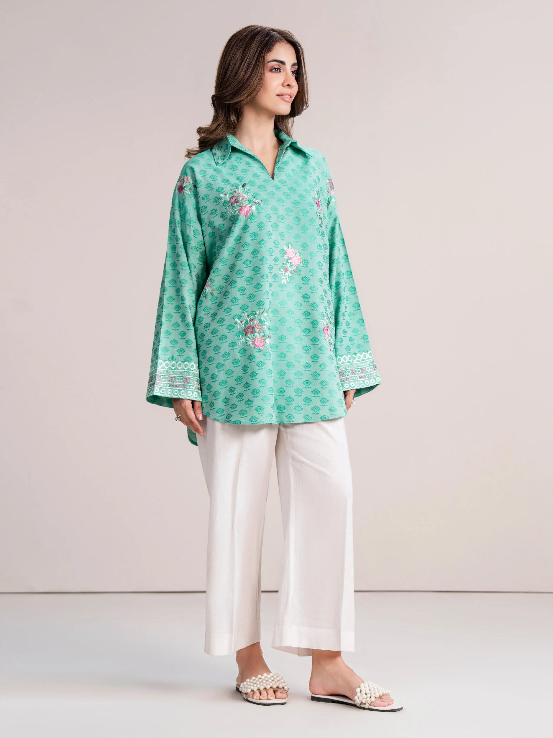 Self Jacquard Kurti-Embroidered (Pret) - Image 2