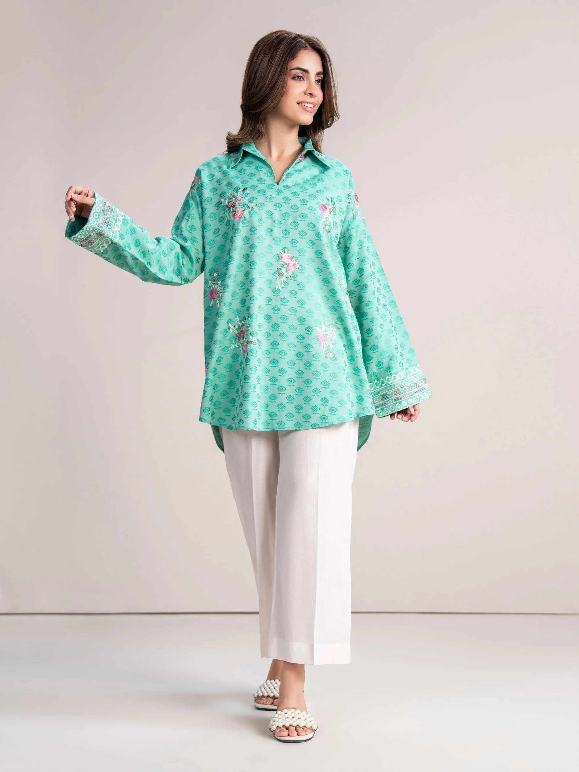Self Jacquard Kurti-Embroidered (Pret) - Image 3