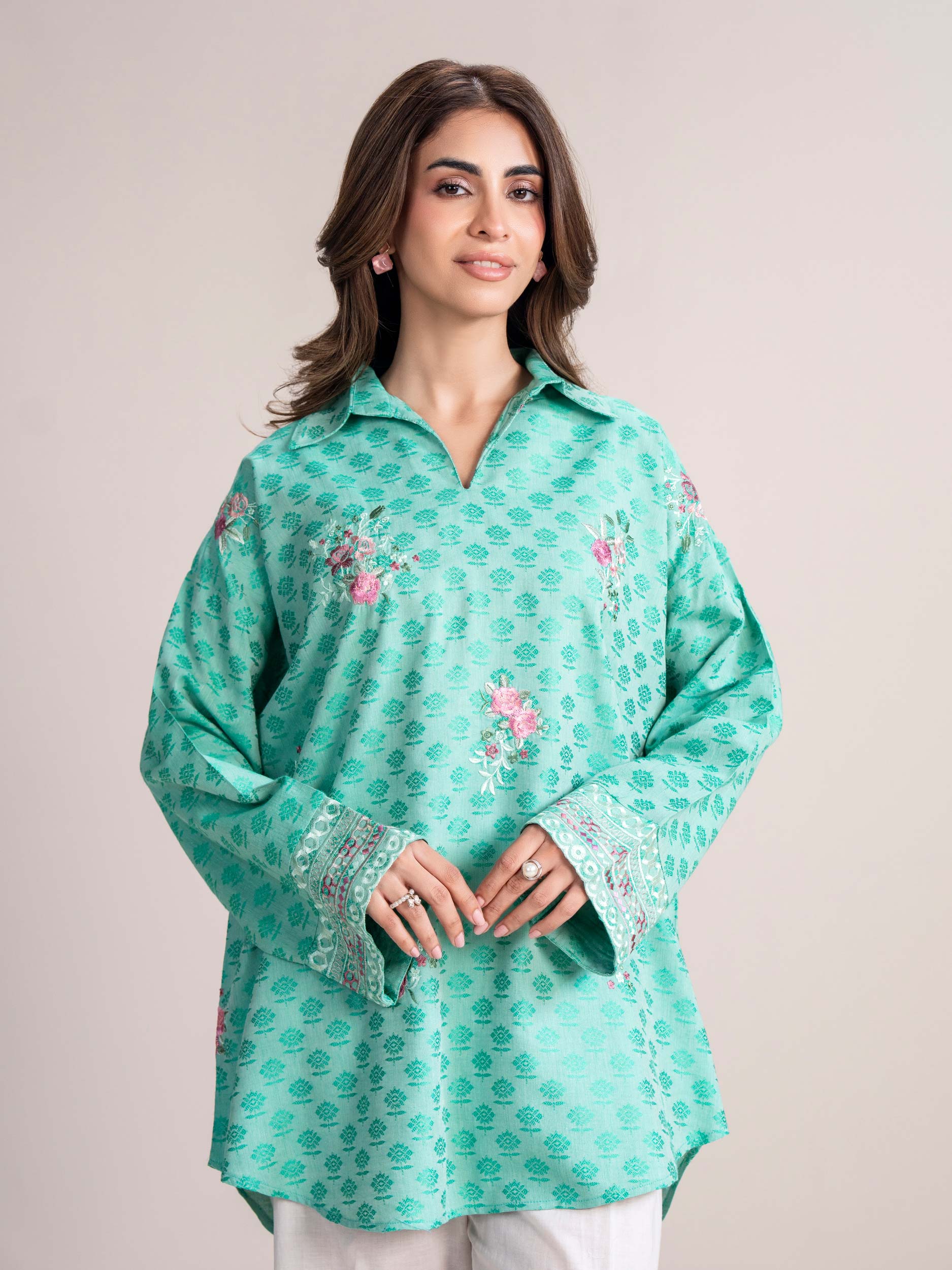 Self Jacquard Kurti-Embroidered (Pret) - Image 5