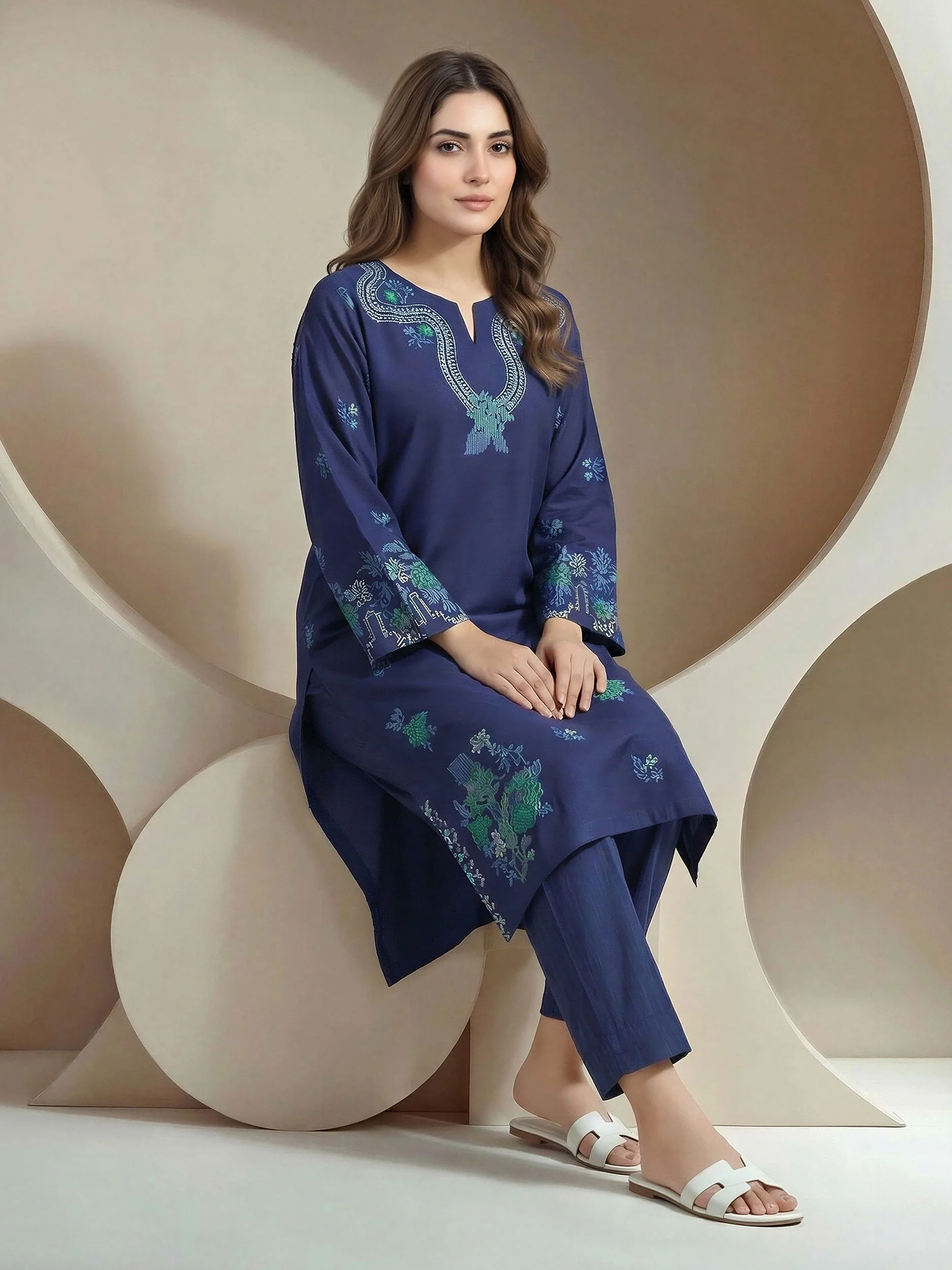 2 Piece Satin Suit- Embroidered (Pret) - Image 2