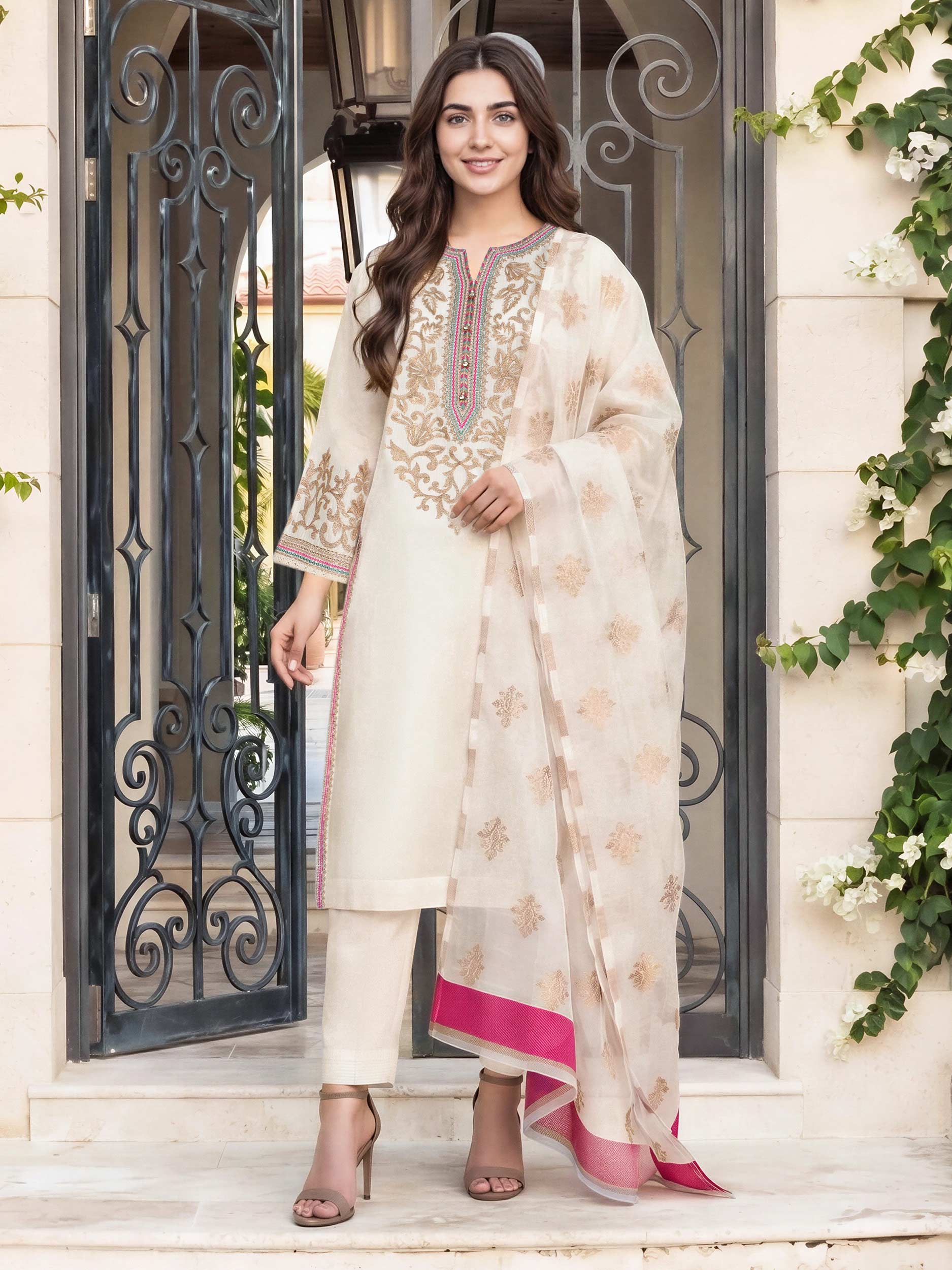 3 Piece Dobby Suit- Embroidered (Pret) - Image 2