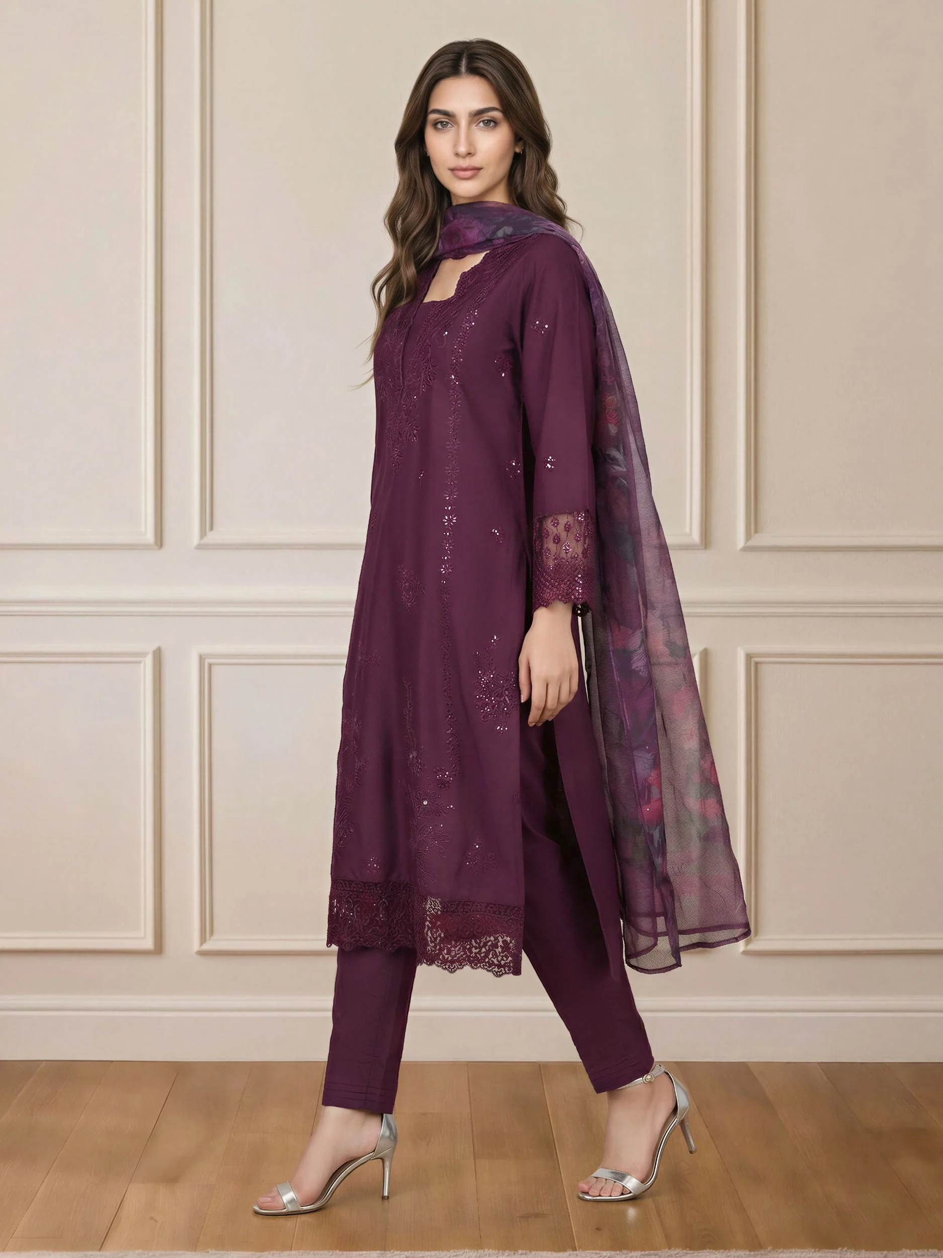 3 Piece Satin Suit- Embroidered (Pret) - Image 2