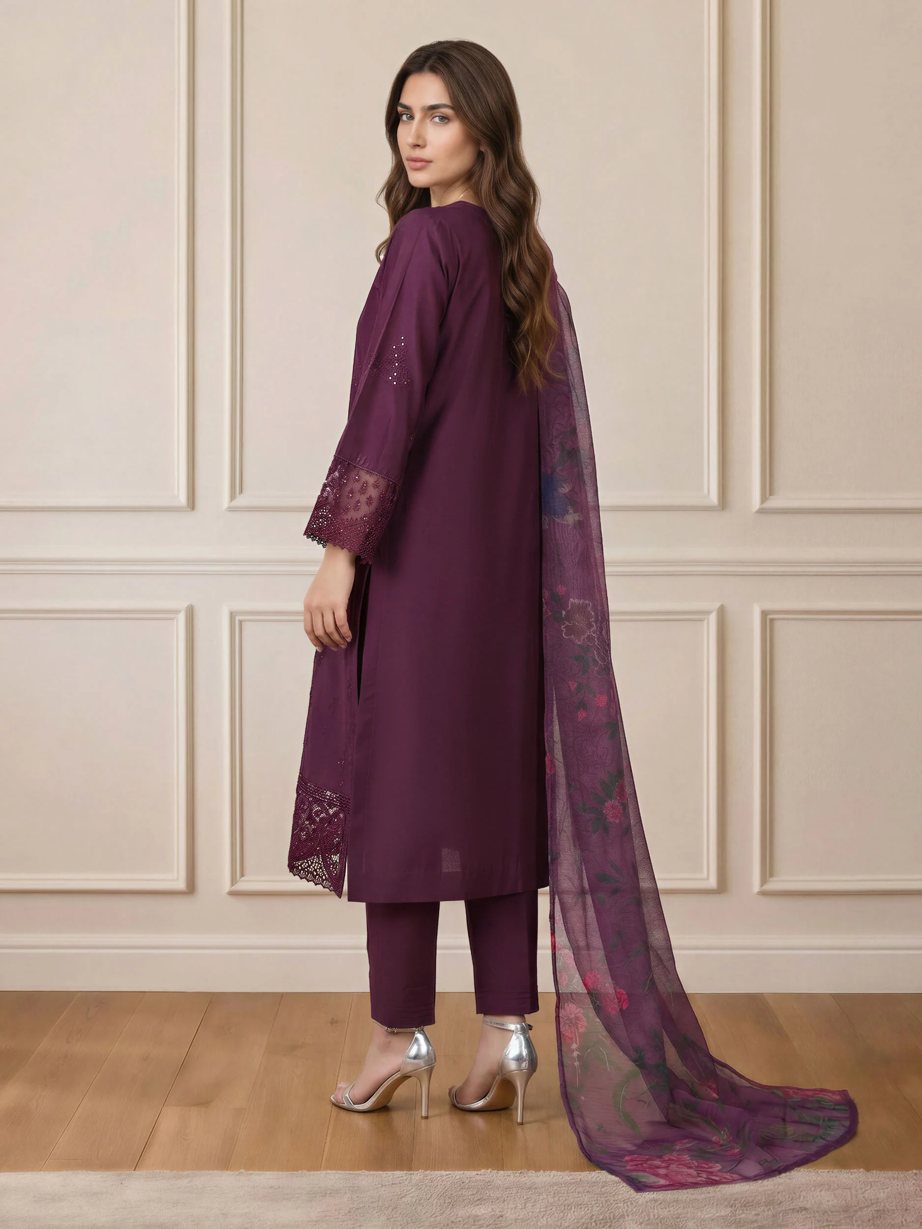 3 Piece Satin Suit- Embroidered (Pret) - Image 3