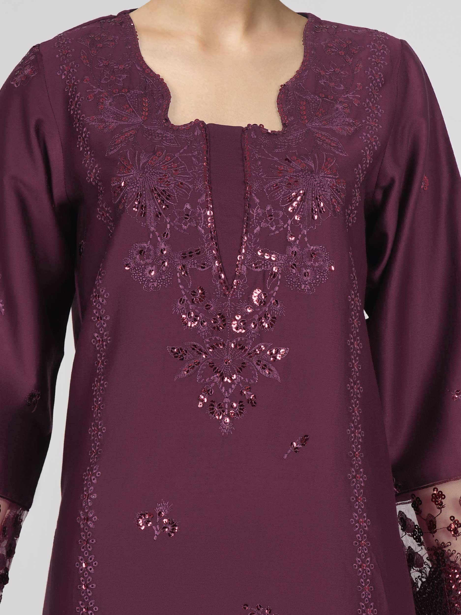 3 Piece Satin Suit- Embroidered (Pret) - Image 4