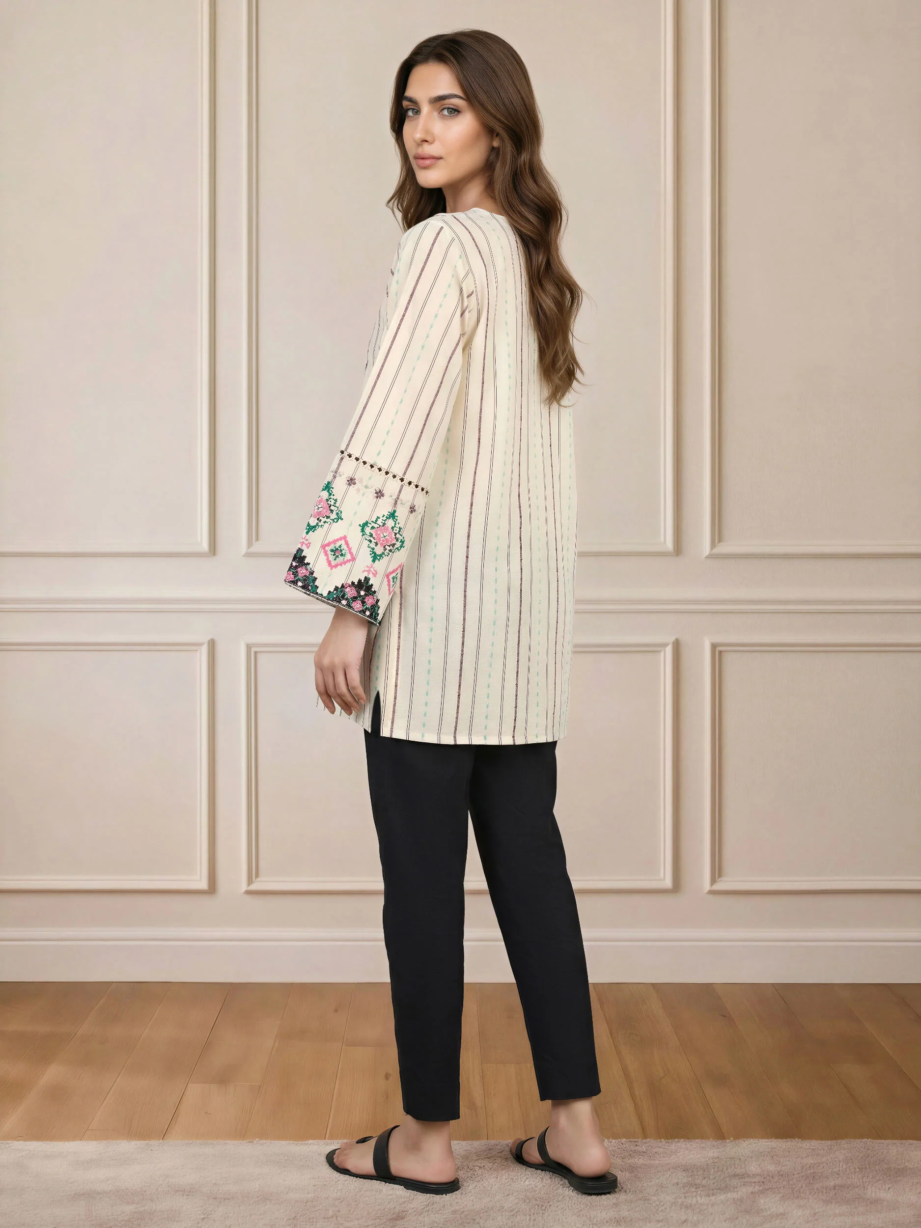 Self Jacquard Kurti- Embroidered (Pret) - Image 3