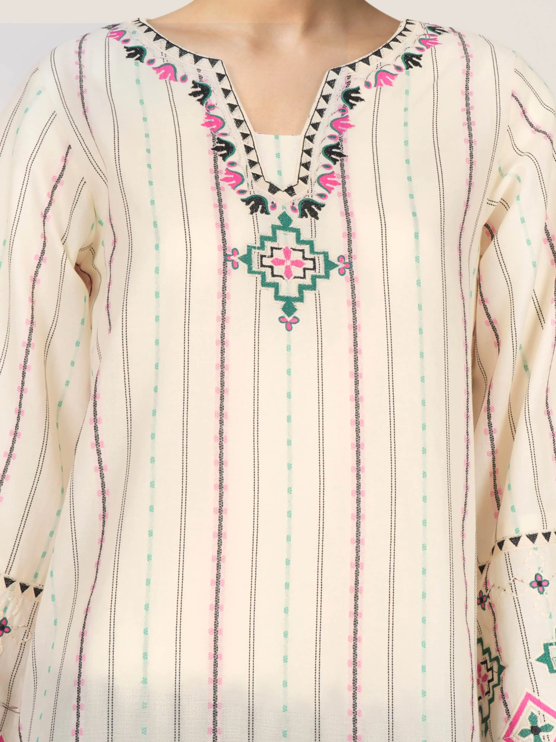 Self Jacquard Kurti- Embroidered (Pret) - Image 4