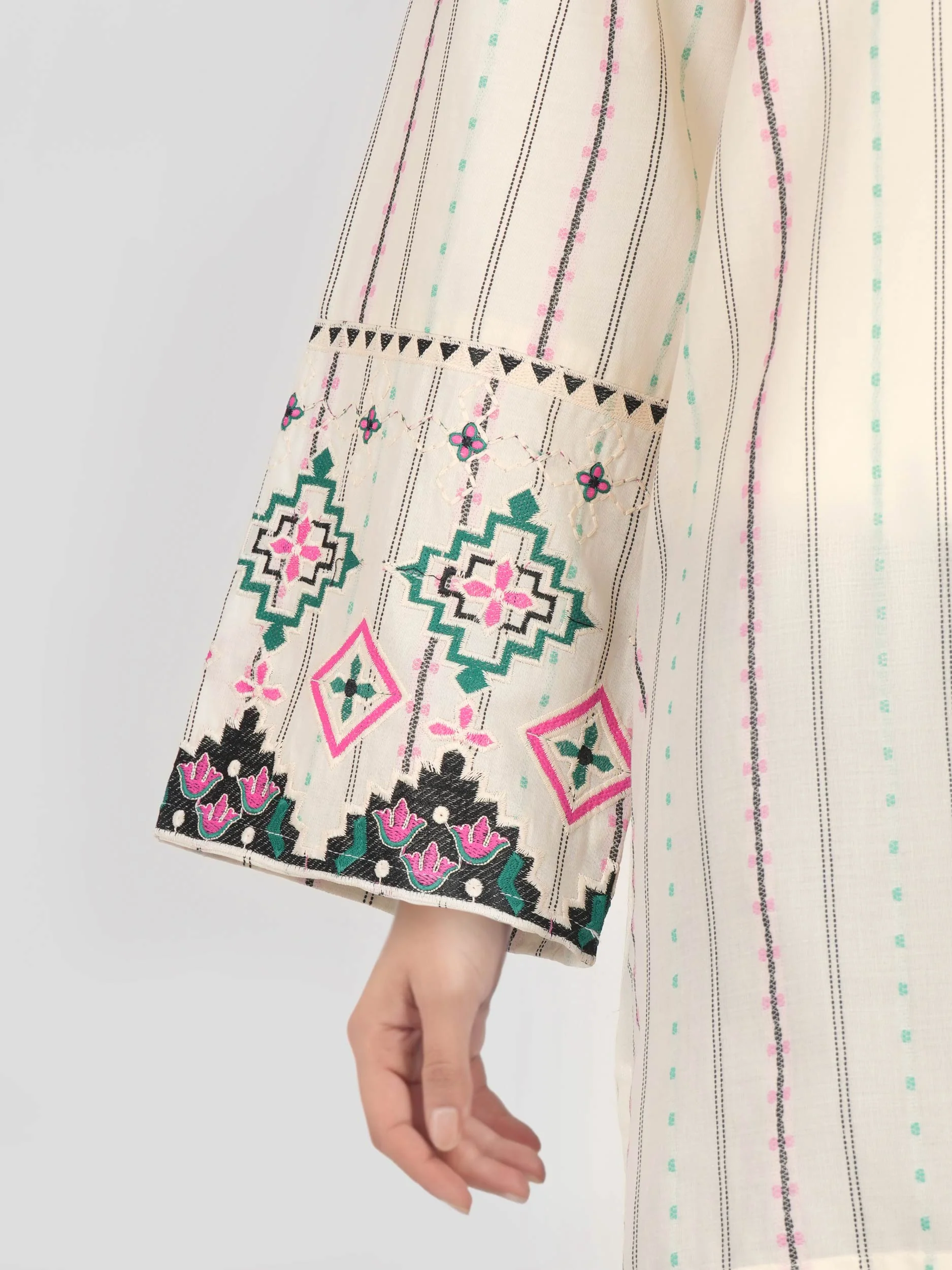 Self Jacquard Kurti- Embroidered (Pret) - Image 5