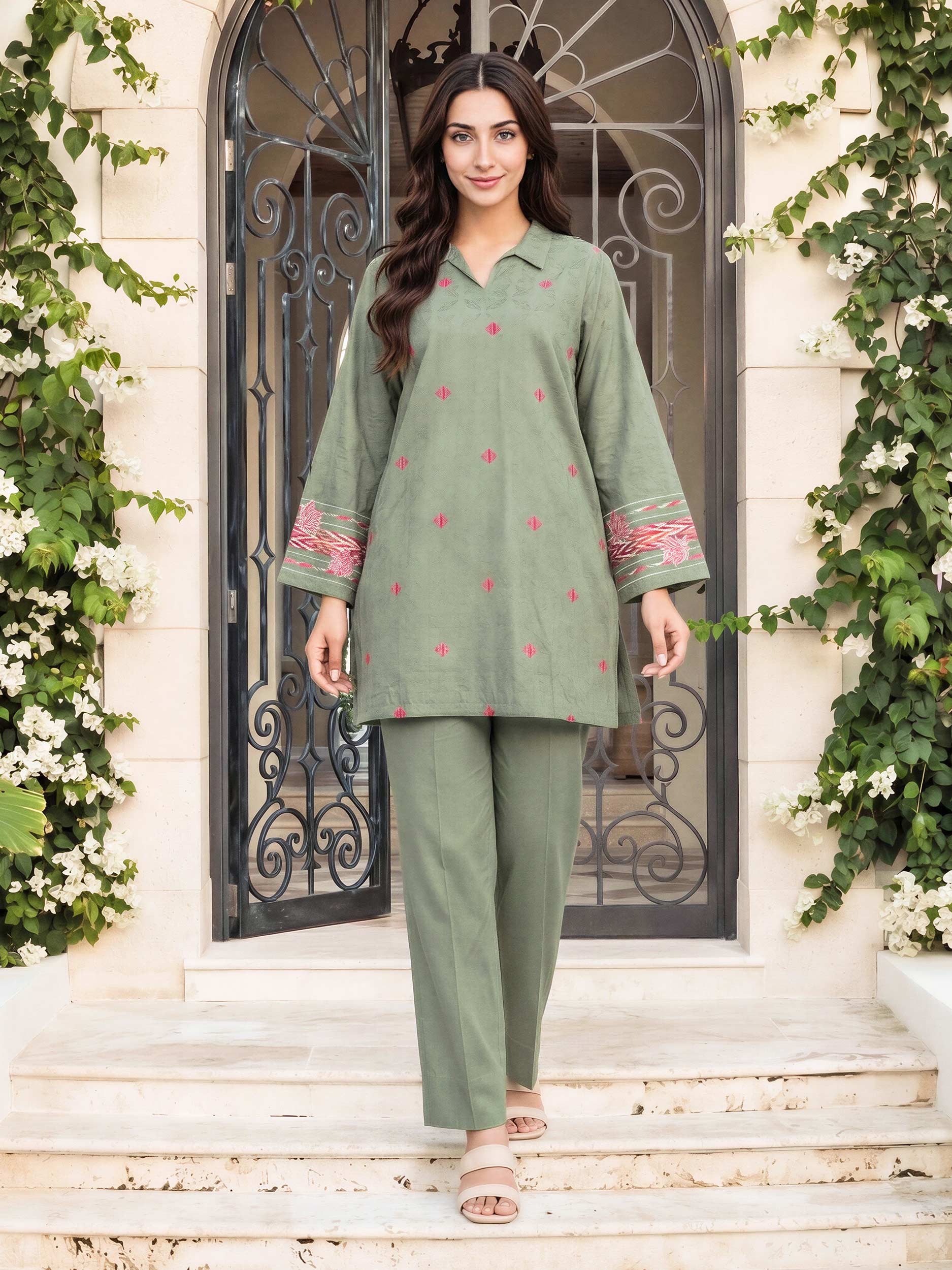 2 Piece Dobby Suit- Embroidered (Pret) - Image 2