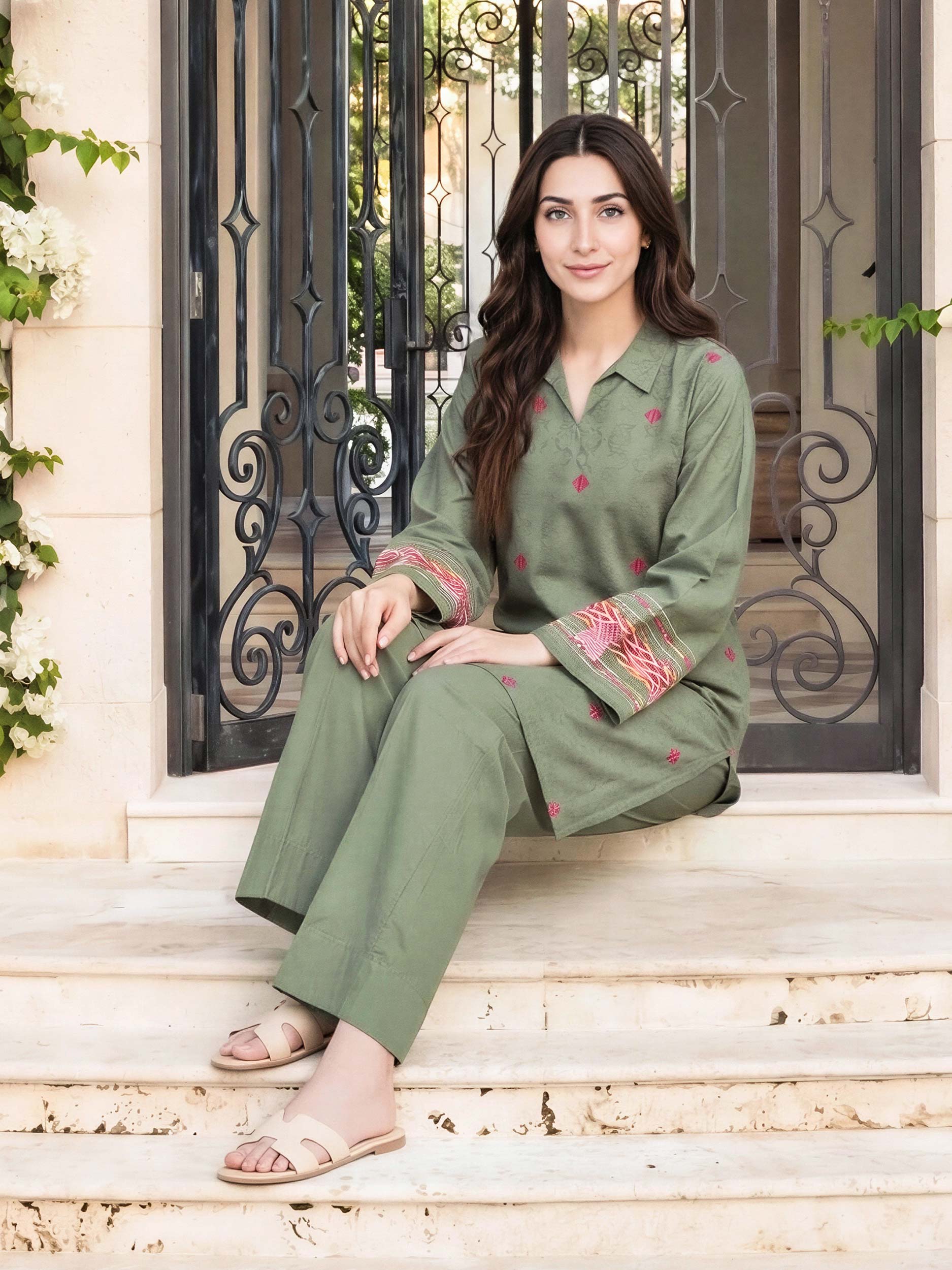 2 Piece Dobby Suit- Embroidered (Pret) - Image 4