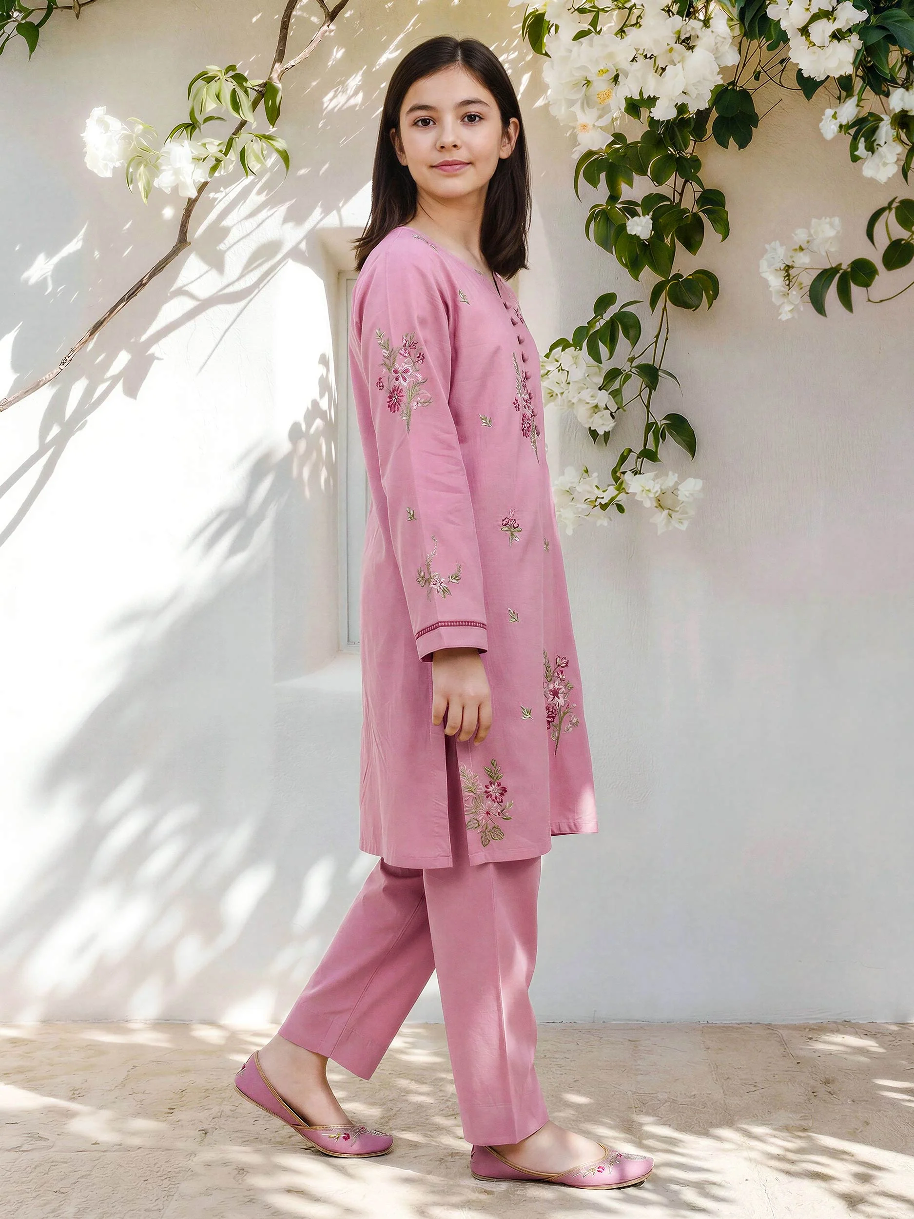 2 Piece Cambric Slub Suit- Embroidered (Pret) - Image 2