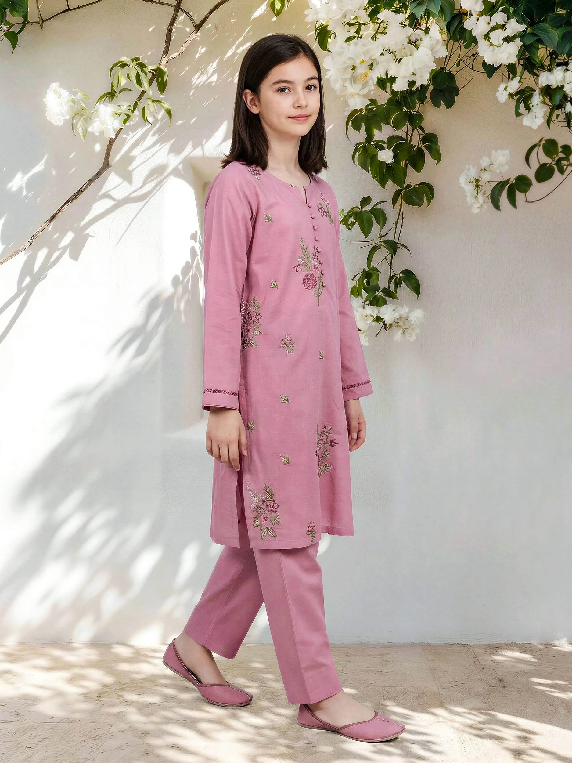 2 Piece Cambric Slub Suit- Embroidered (Pret) - Image 3