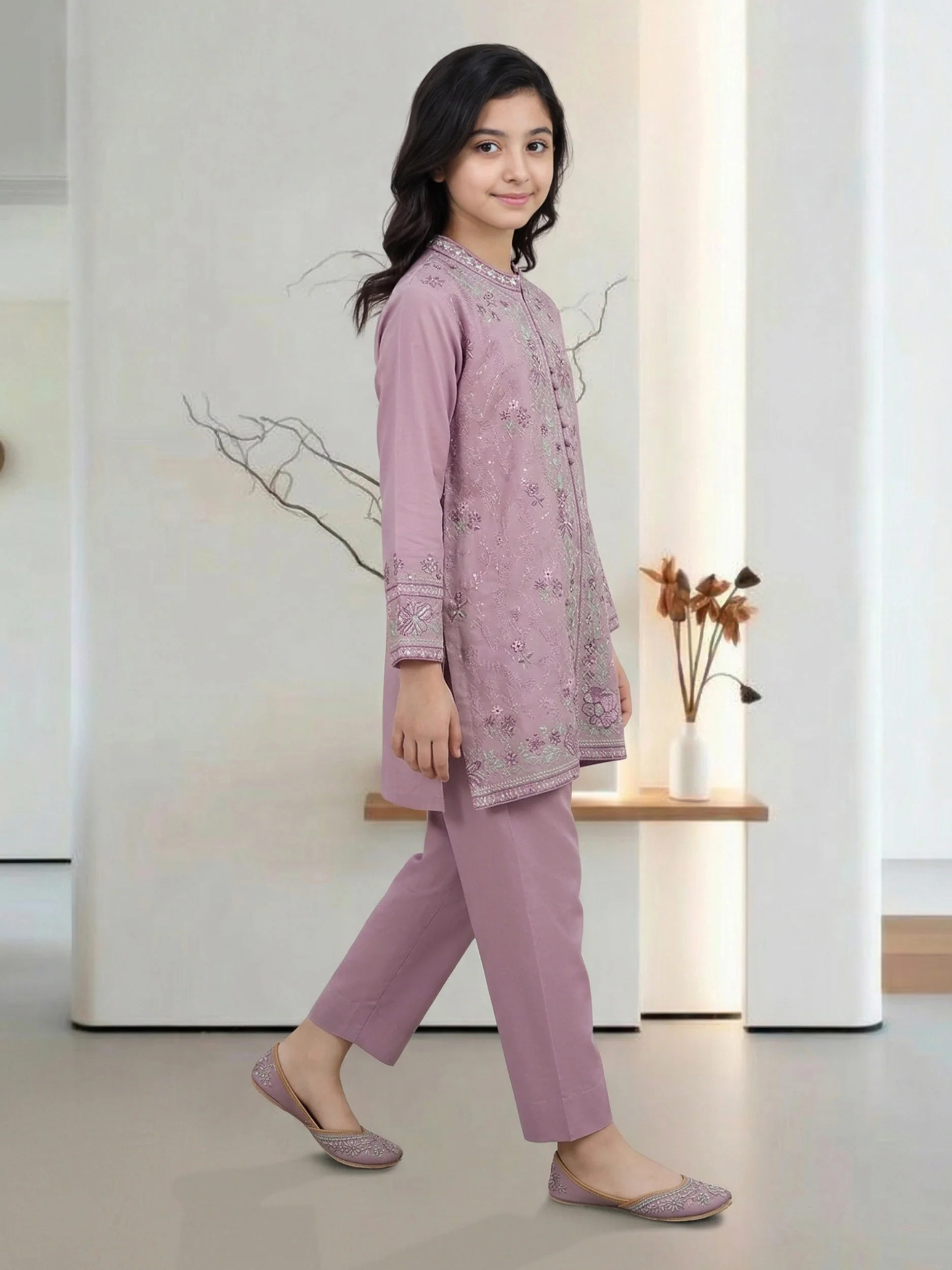2 Piece Satin Suit - Embroidered (Pret) - Image 2