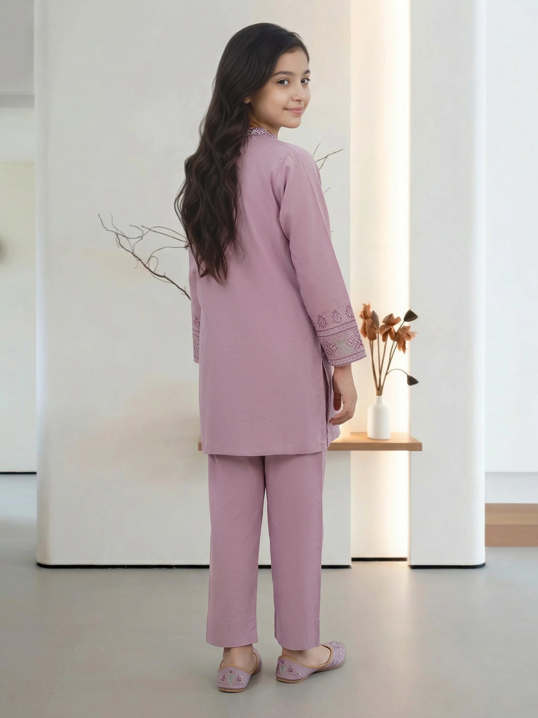 2 Piece Satin Suit - Embroidered (Pret) - Image 3