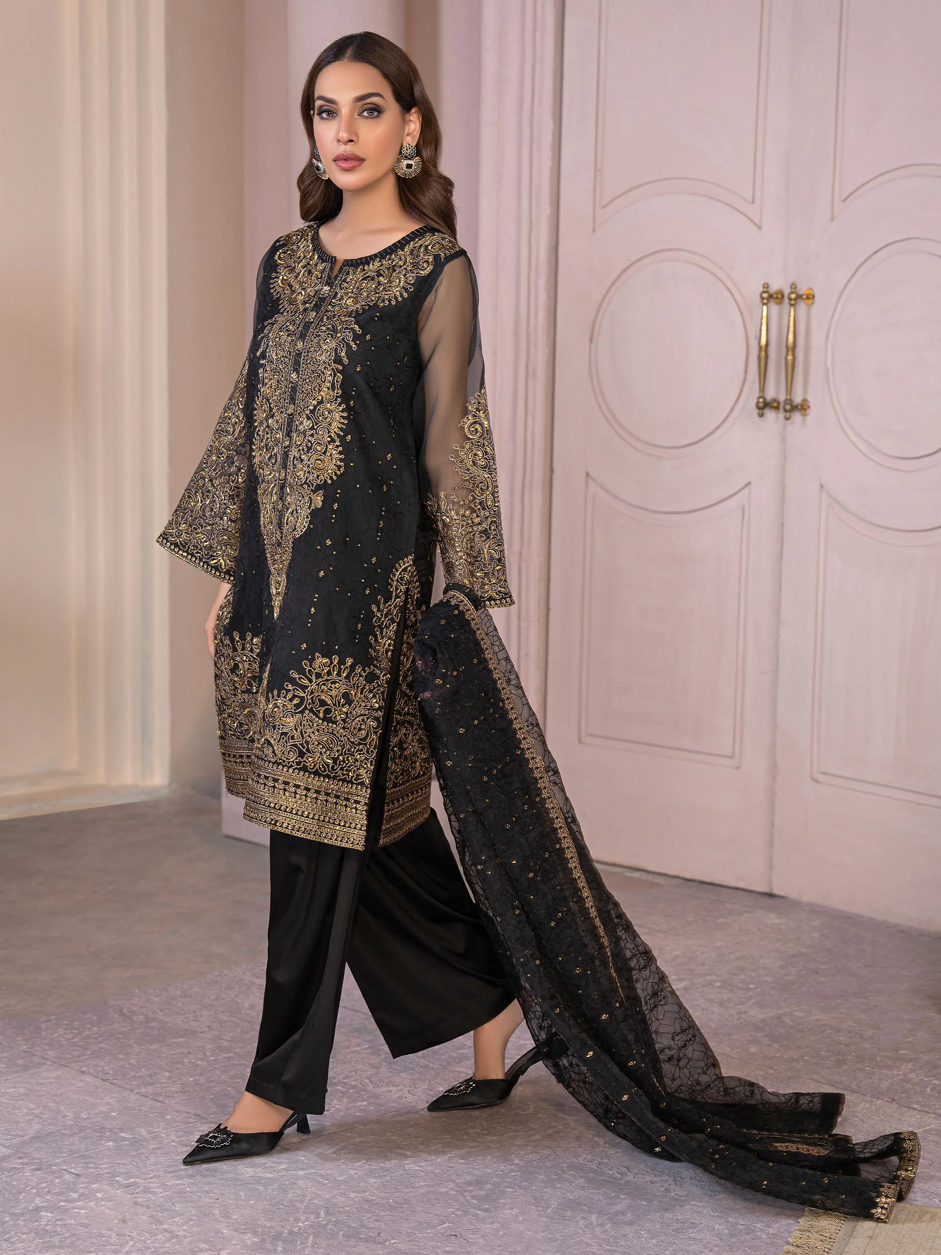 3 Piece Organza Suit-Embellished (Pret) - Image 3