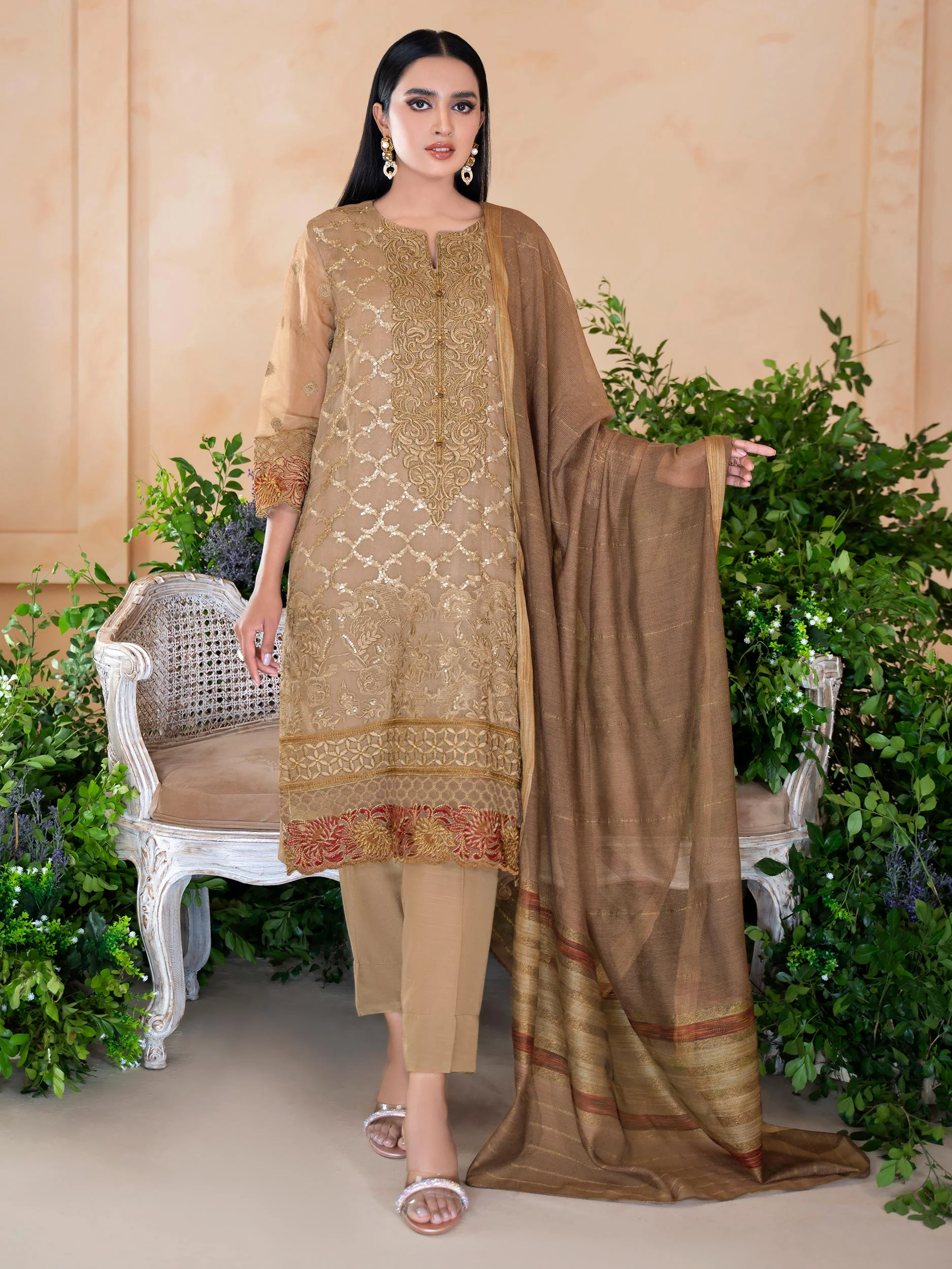 3 Piece Organza Suit-Embroidered (Unstitched) - Image 2